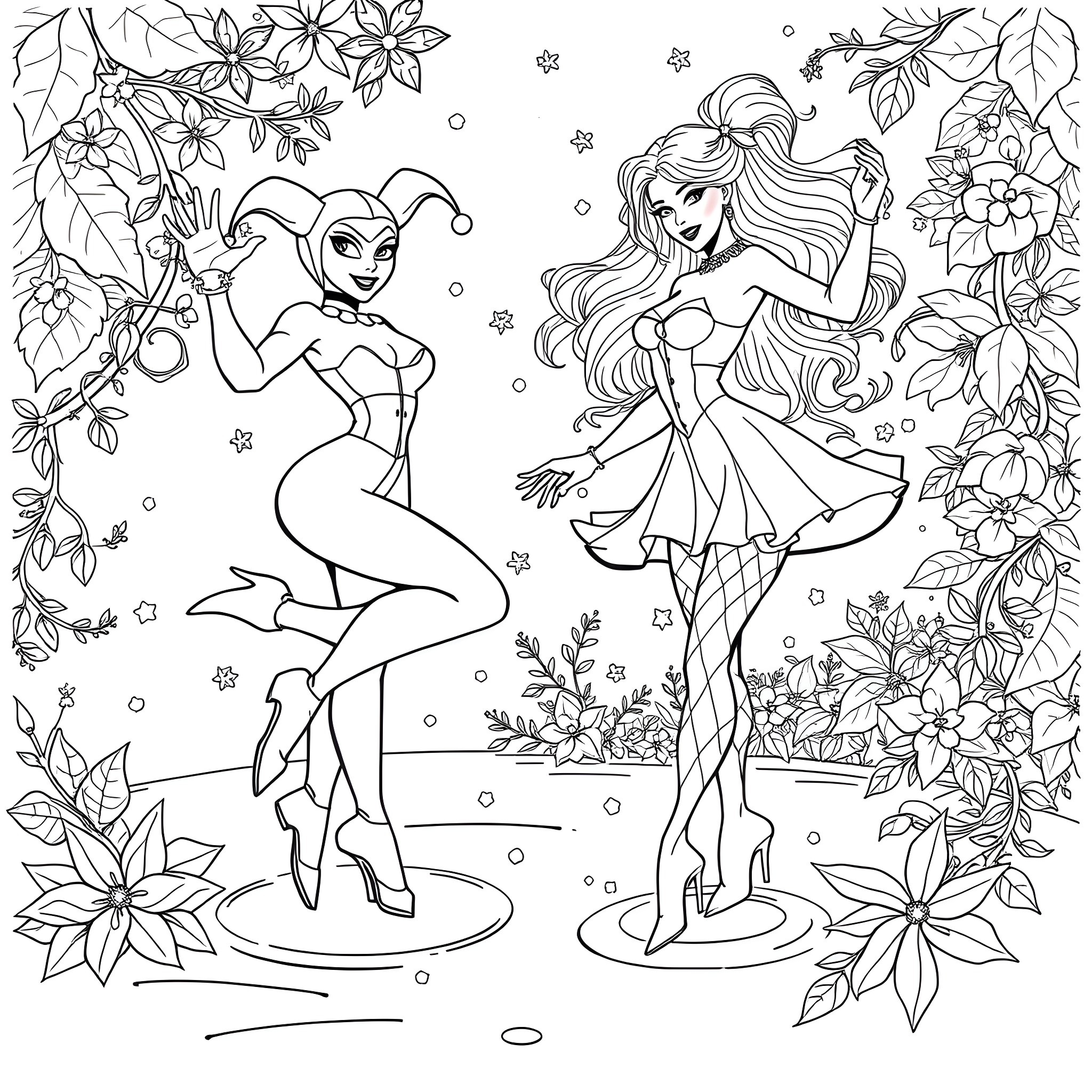 Harley Quinn and a female character dancing in a floral fantasy scene Coloring Page (free black-and-white line drawing printable PDF for all, from beginners to advanced learners, including children, teens, adults, and seniors)