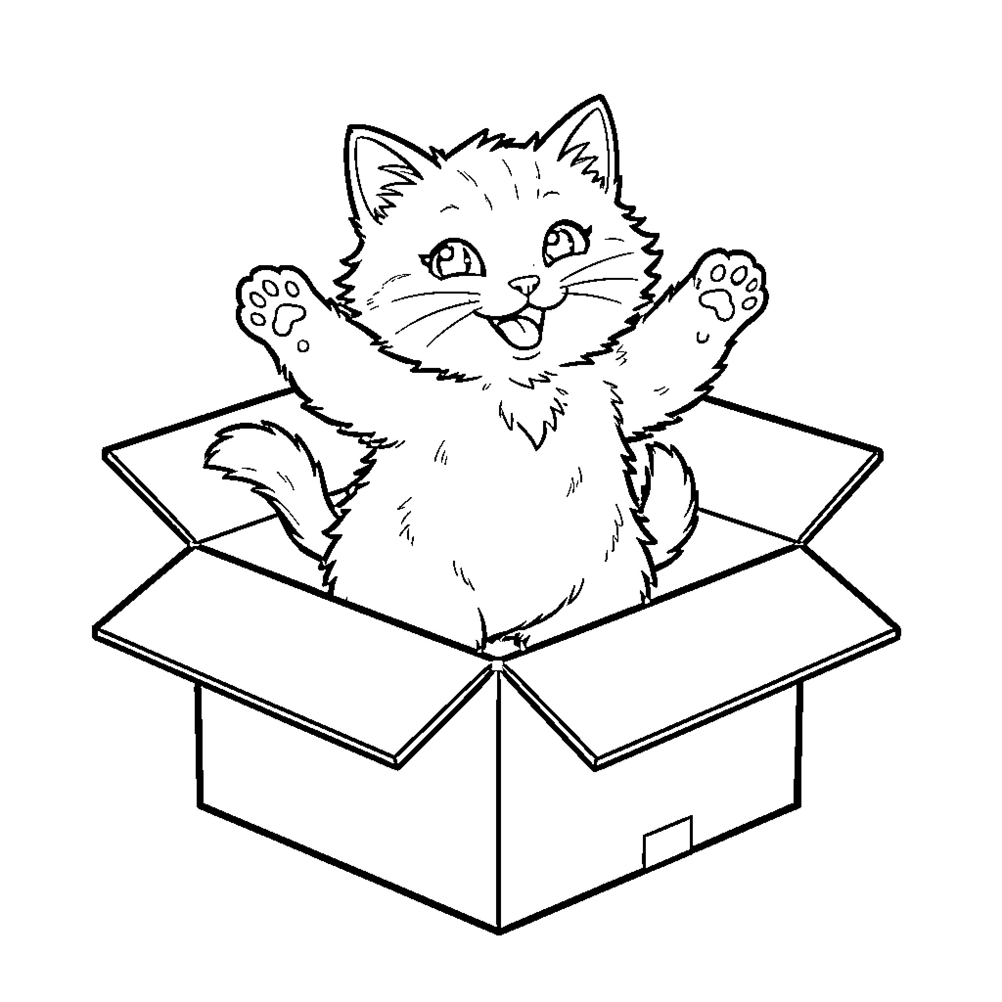 Cat emerging joyfully from cardboard box Coloring Page (free black-and-white line drawing printable PDF for all, from beginners to advanced learners, including children, teens, adults, and seniors)
