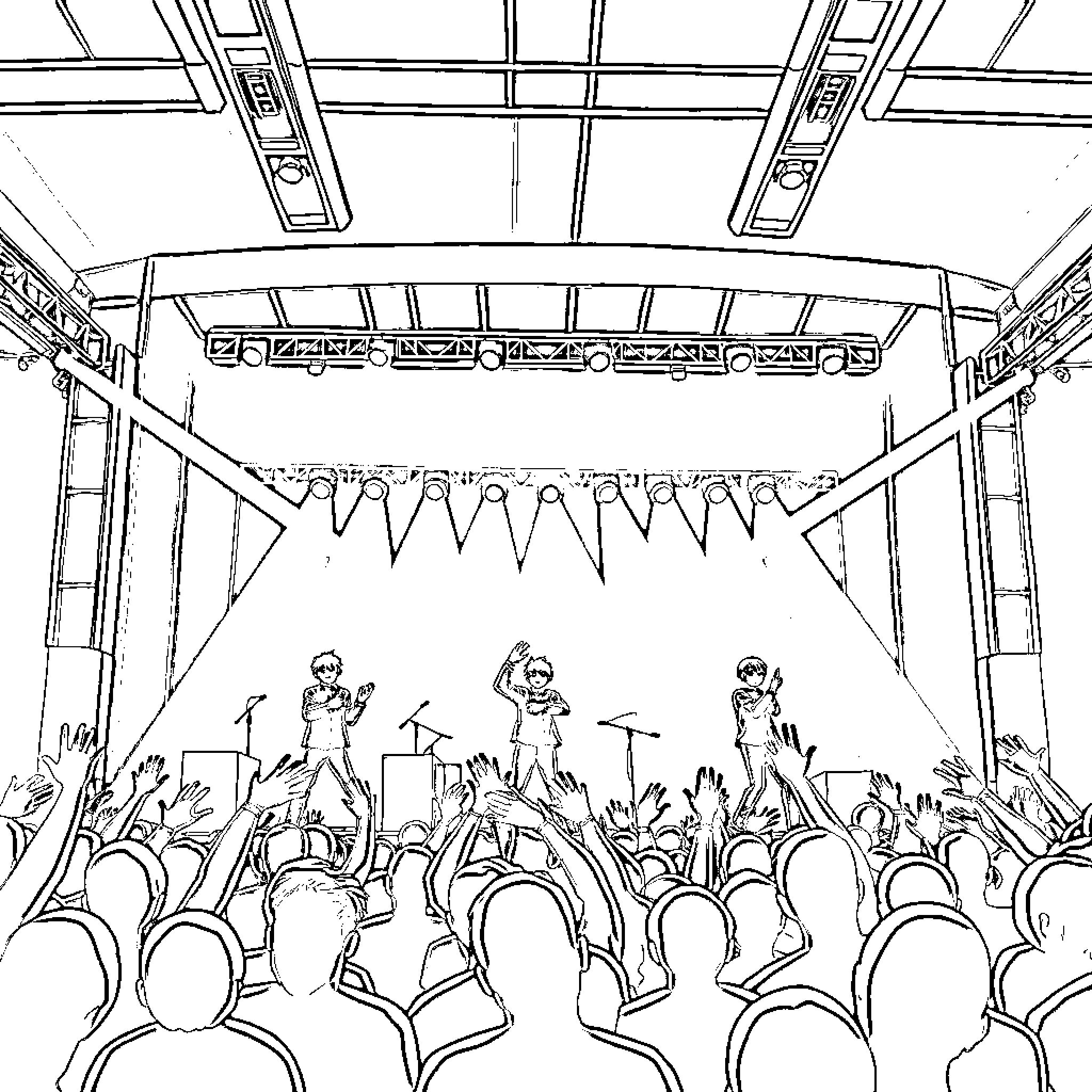 BTS performing on stage for an enthusiastic crowd Coloring Page (free black-and-white line drawing printable PDF for all, from beginners to advanced learners, including children, teens, adults, and seniors)