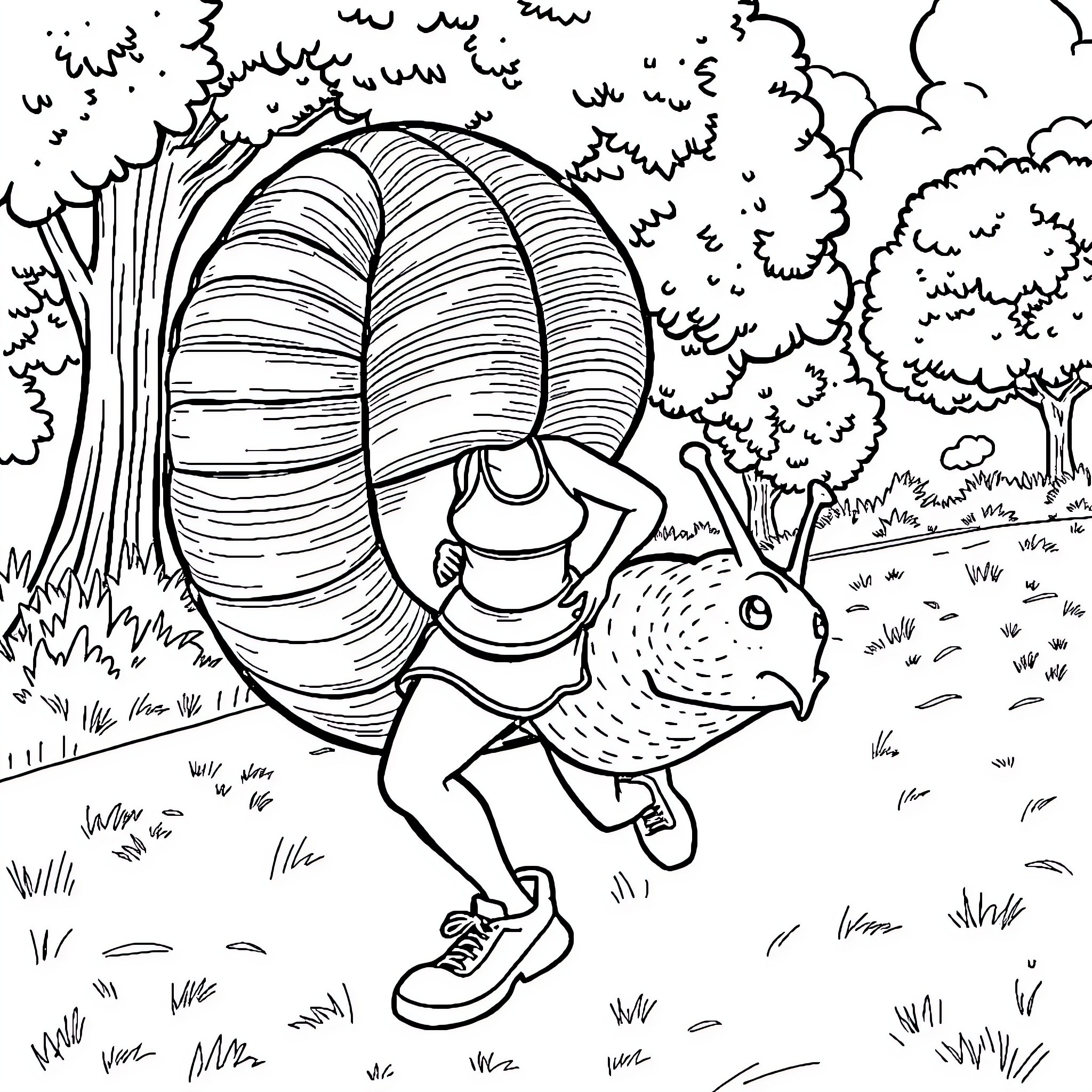 Caracol exploring the forest's wonders Coloring Page (free black-and-white line drawing printable PDF for all, from beginners to advanced learners, including children, teens, adults, and seniors)