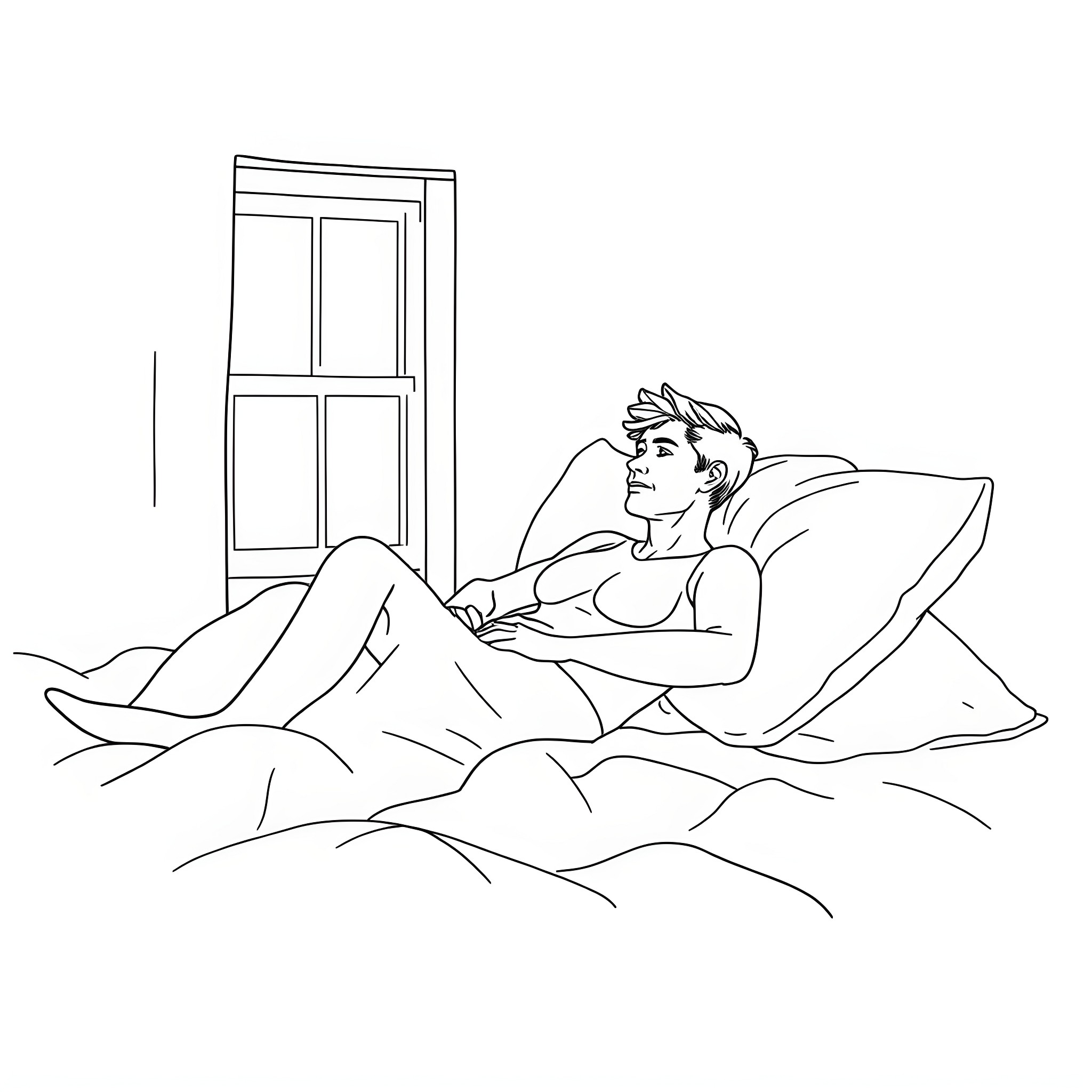 Sidney Sweeney lounging comfortably on the bed Coloring Page (free black-and-white line drawing printable PDF for all, from beginners to advanced learners, including children, teens, adults, and seniors)