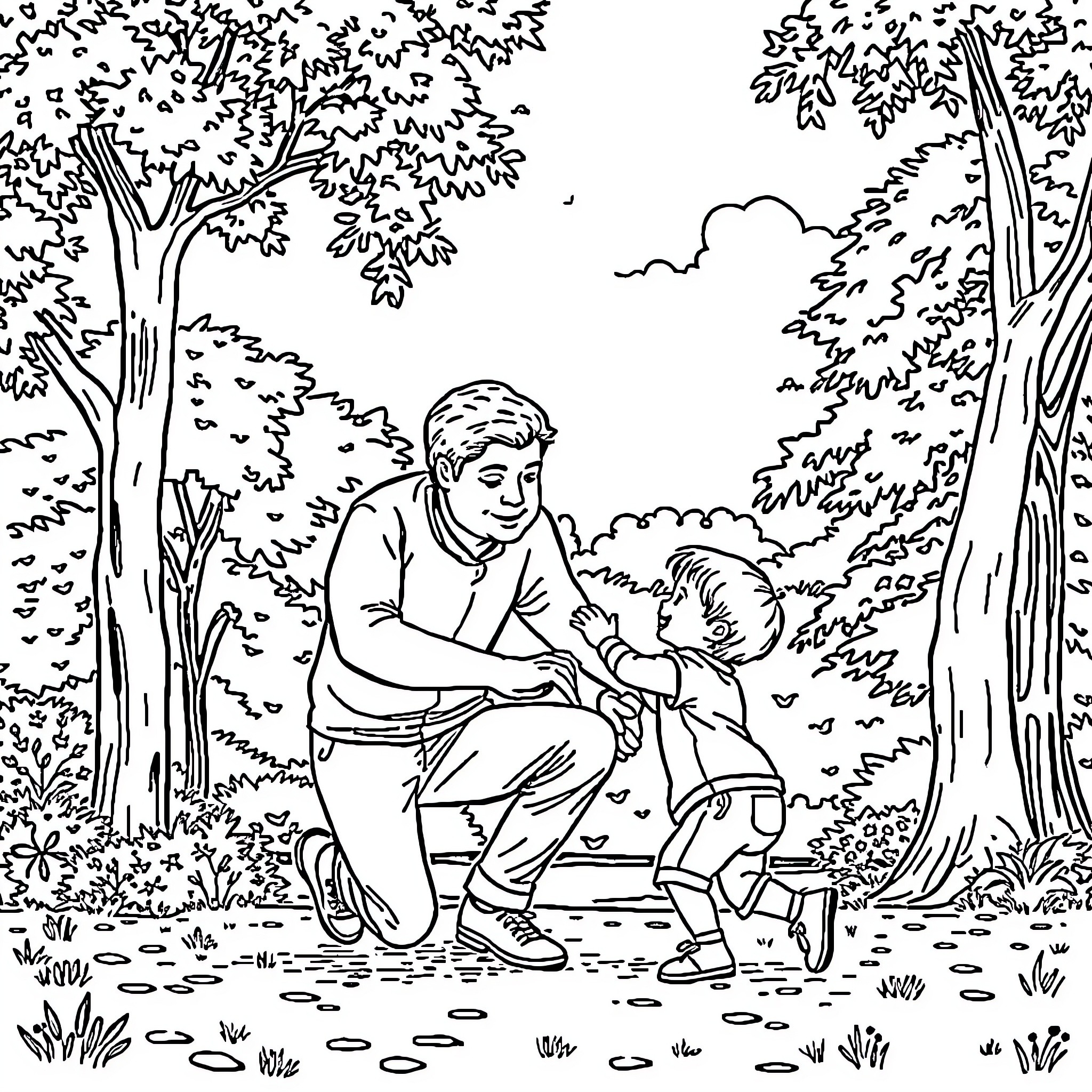 Father comforting child in nature setting Coloring Page (free black-and-white line drawing printable PDF for all, from beginners to advanced learners, including children, teens, adults, and seniors)