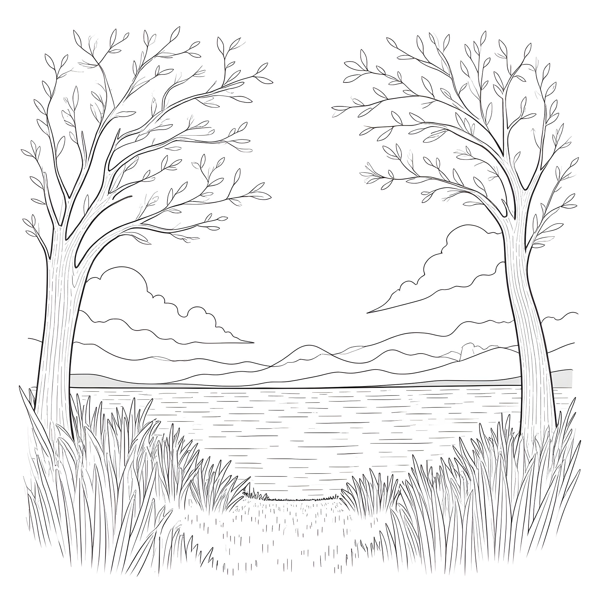 Summer landscape with trees and lake Coloring Page (free black-and-white line drawing printable PDF for all, from beginners to advanced learners, including children, teens, adults, and seniors)