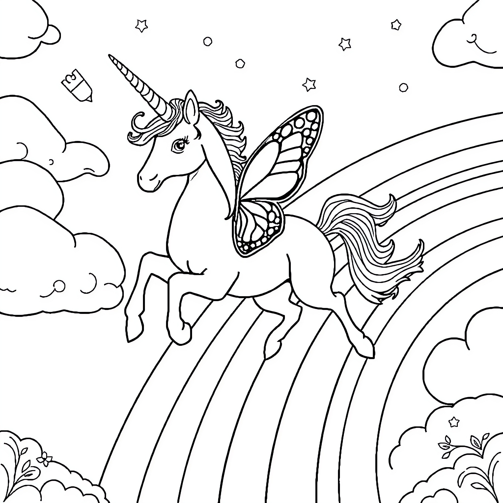 Butterfly Unicorn soaring through the starry night sky Coloring Page (free black-and-white line drawing printable PDF for all, from beginners to advanced learners, including children, teens, adults, and seniors)