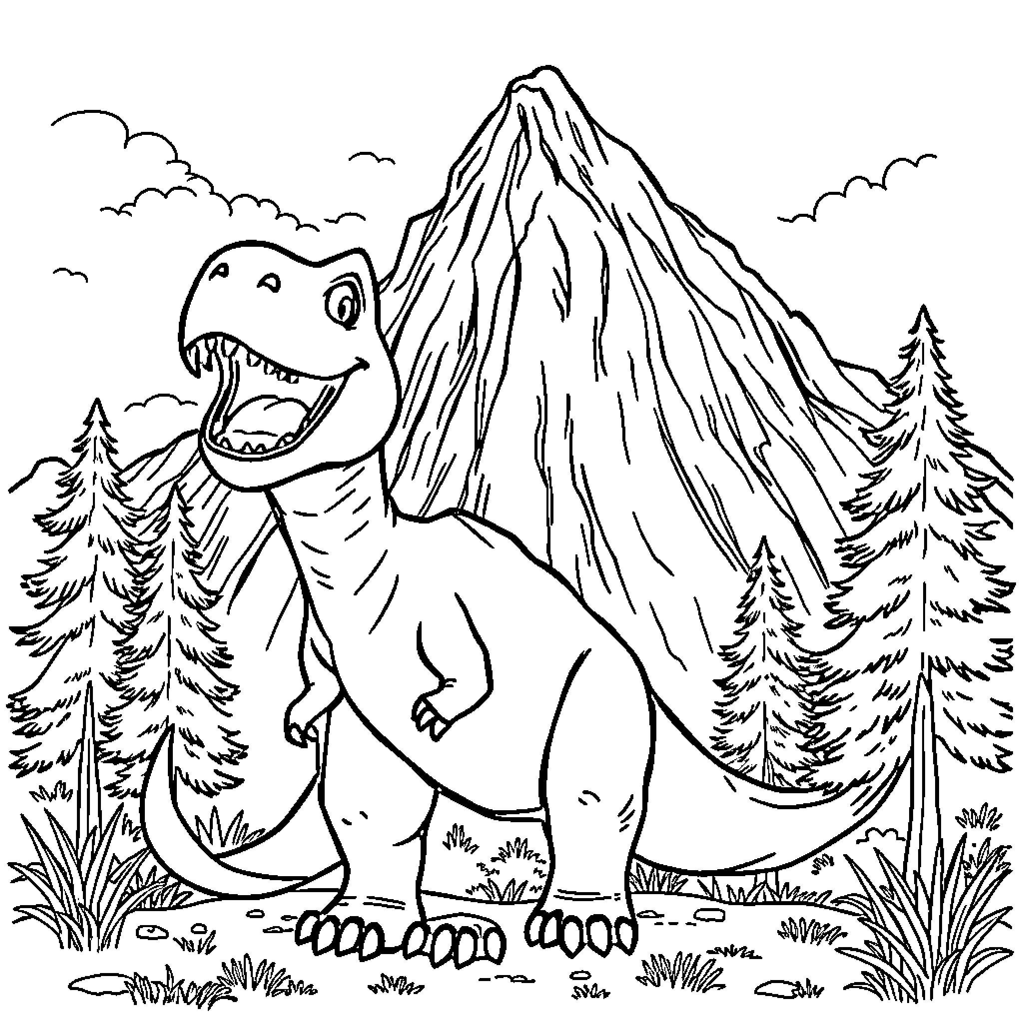 T-Rex Roaring Fiercely in the Wilderness Coloring Page (free black-and-white line drawing printable PDF for all, from beginners to advanced learners, including children, teens, adults, and seniors)