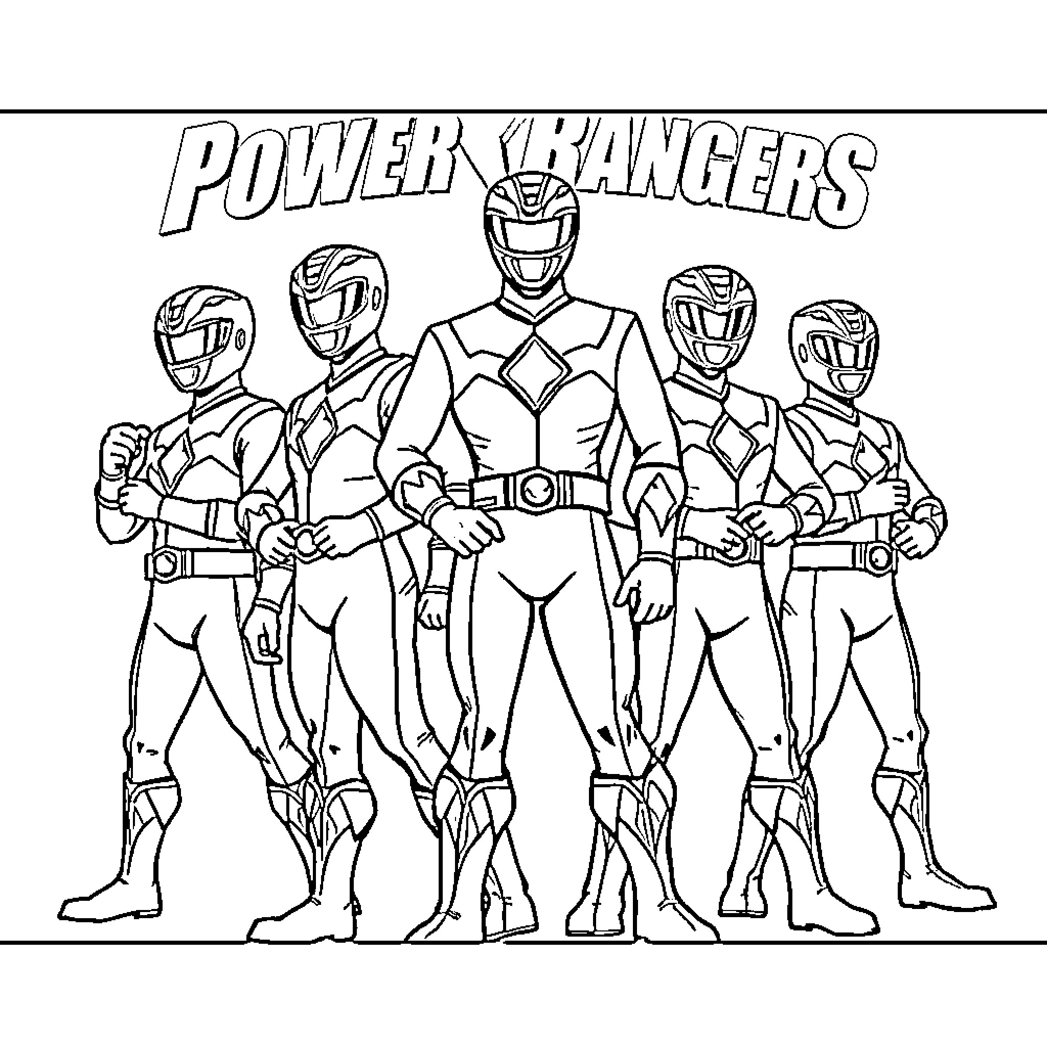 Power Rangers in action poses Coloring Page (free black-and-white line drawing printable PDF for all, from beginners to advanced learners, including children, teens, adults, and seniors)