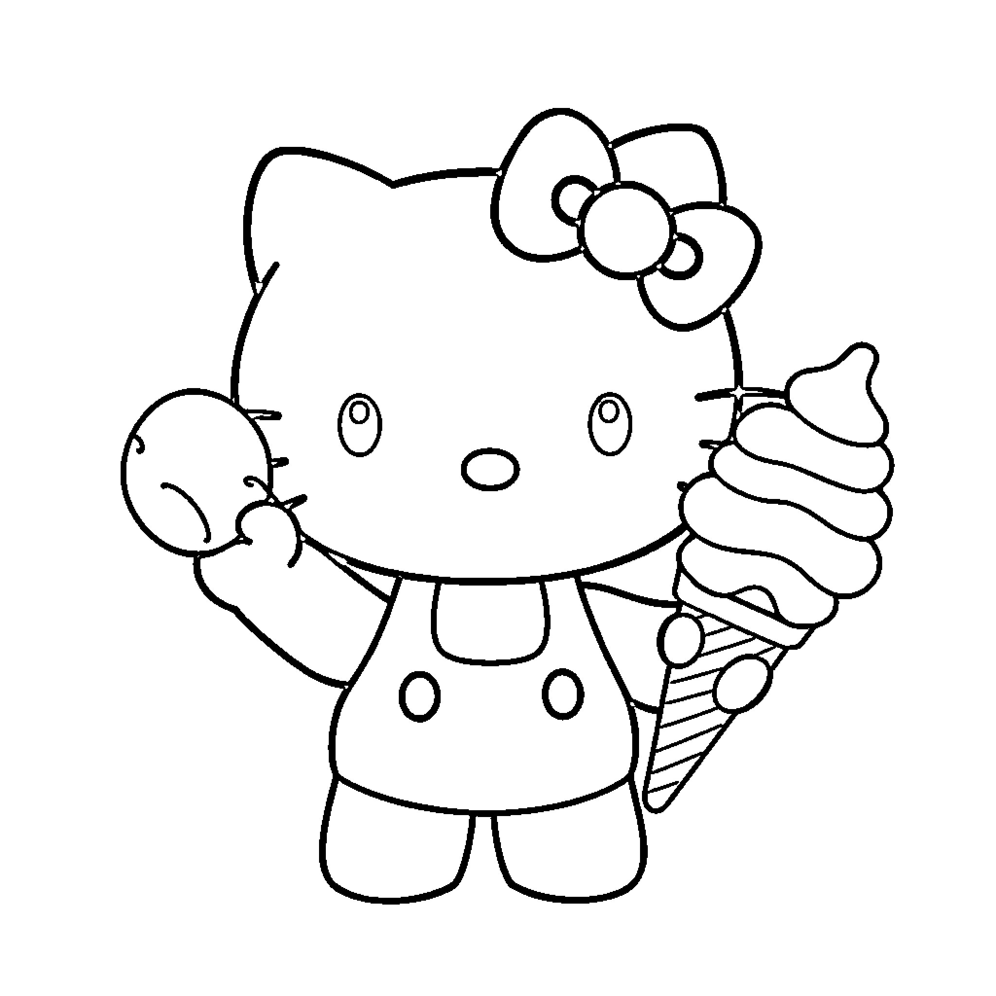 Hello Kitty Enjoying an Ice Cream Treat Coloring Page (free black-and-white line drawing printable PDF for all, from beginners to advanced learners, including children, teens, adults, and seniors)