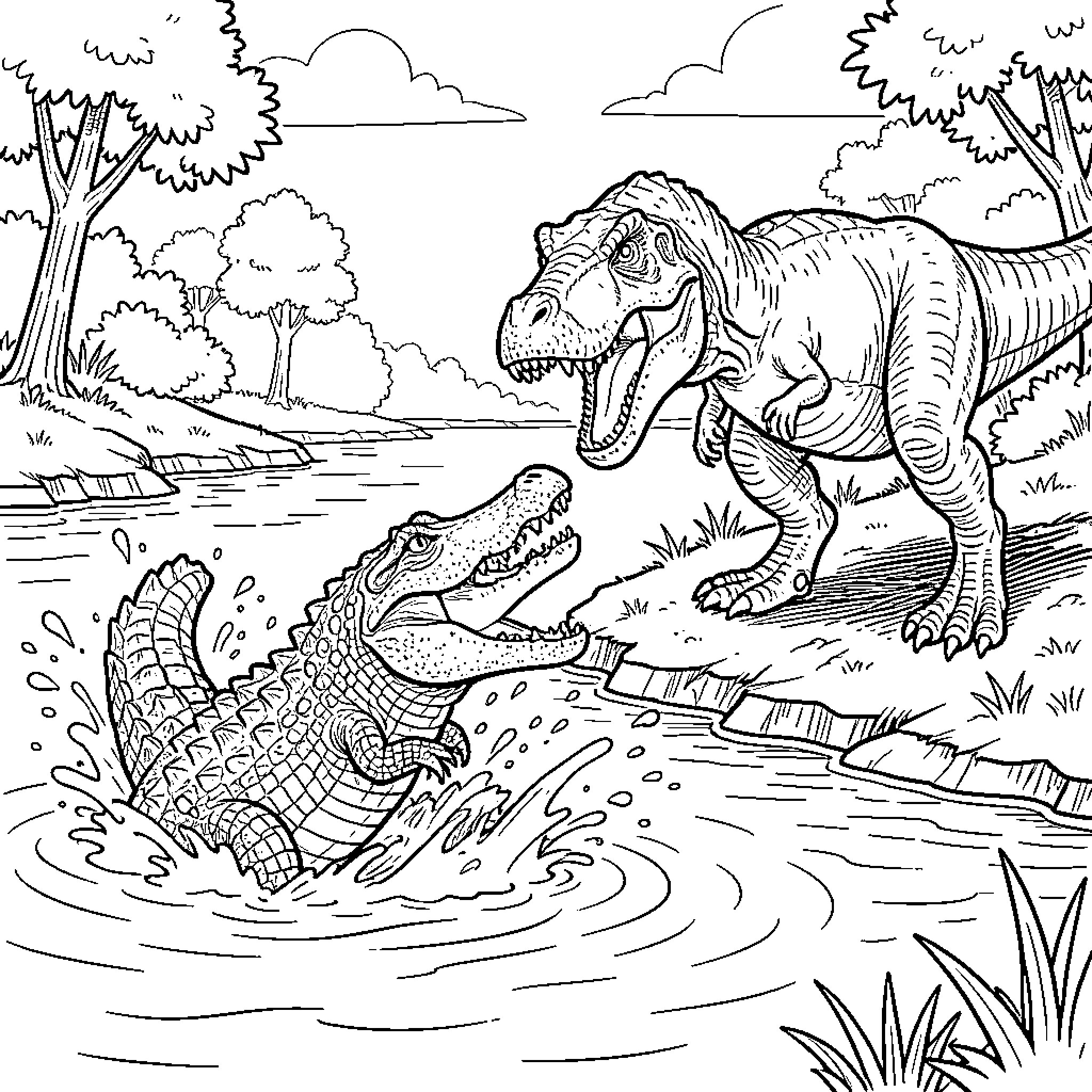 Crocodile and Tyrannosaurus Rex in Prehistoric Landscape Coloring Page (free black-and-white line drawing printable PDF for all, from beginners to advanced learners, including children, teens, adults, and seniors)
