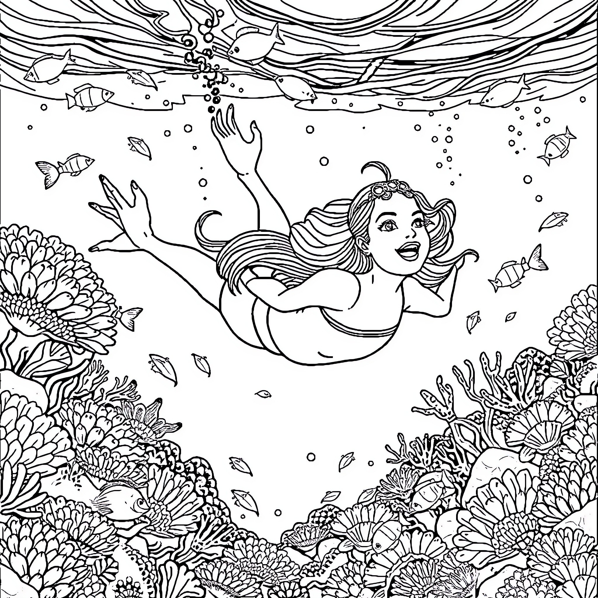 Ms Rachel's Enchanting Underwater Adventure Coloring Page (free black-and-white line drawing printable PDF for all, from beginners to advanced learners, including children, teens, adults, and seniors)