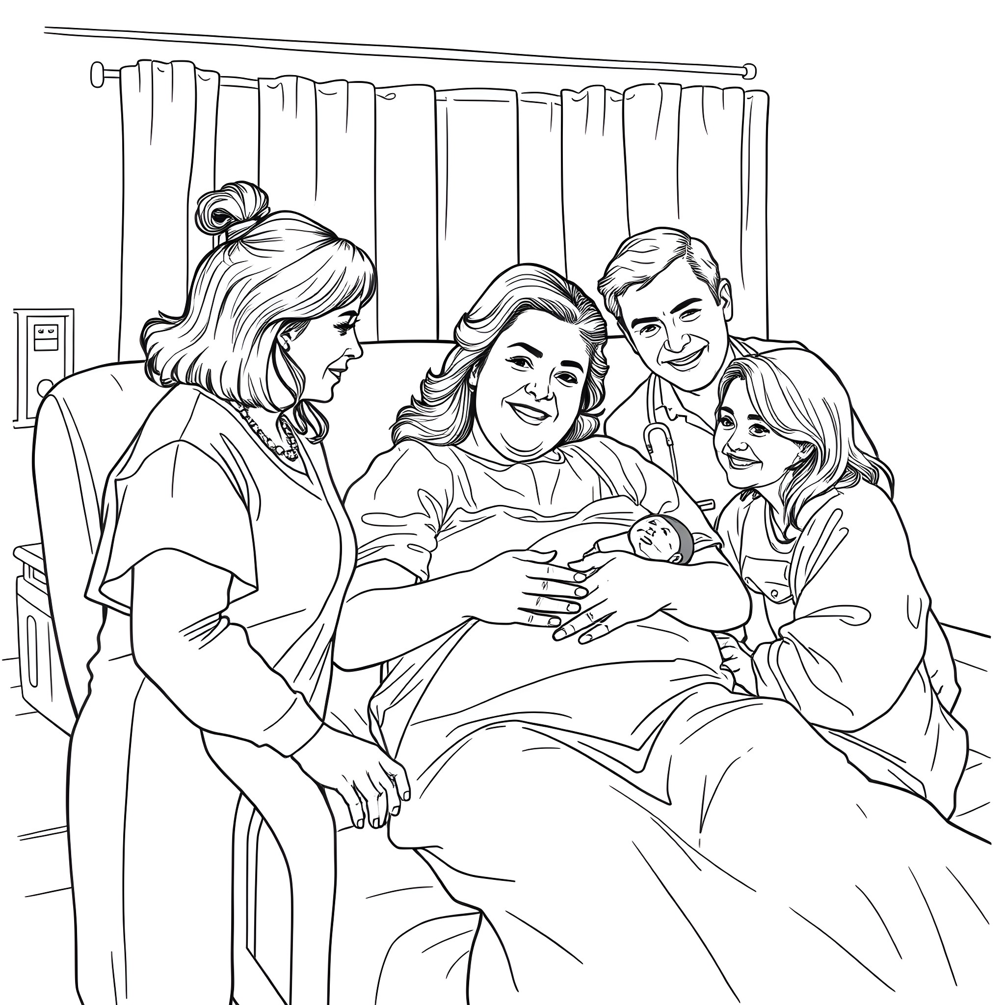 Rosie O'Donnell spending time with family in hospital Coloring Page (free black-and-white line drawing printable PDF for all, from beginners to advanced learners, including children, teens, adults, and seniors)