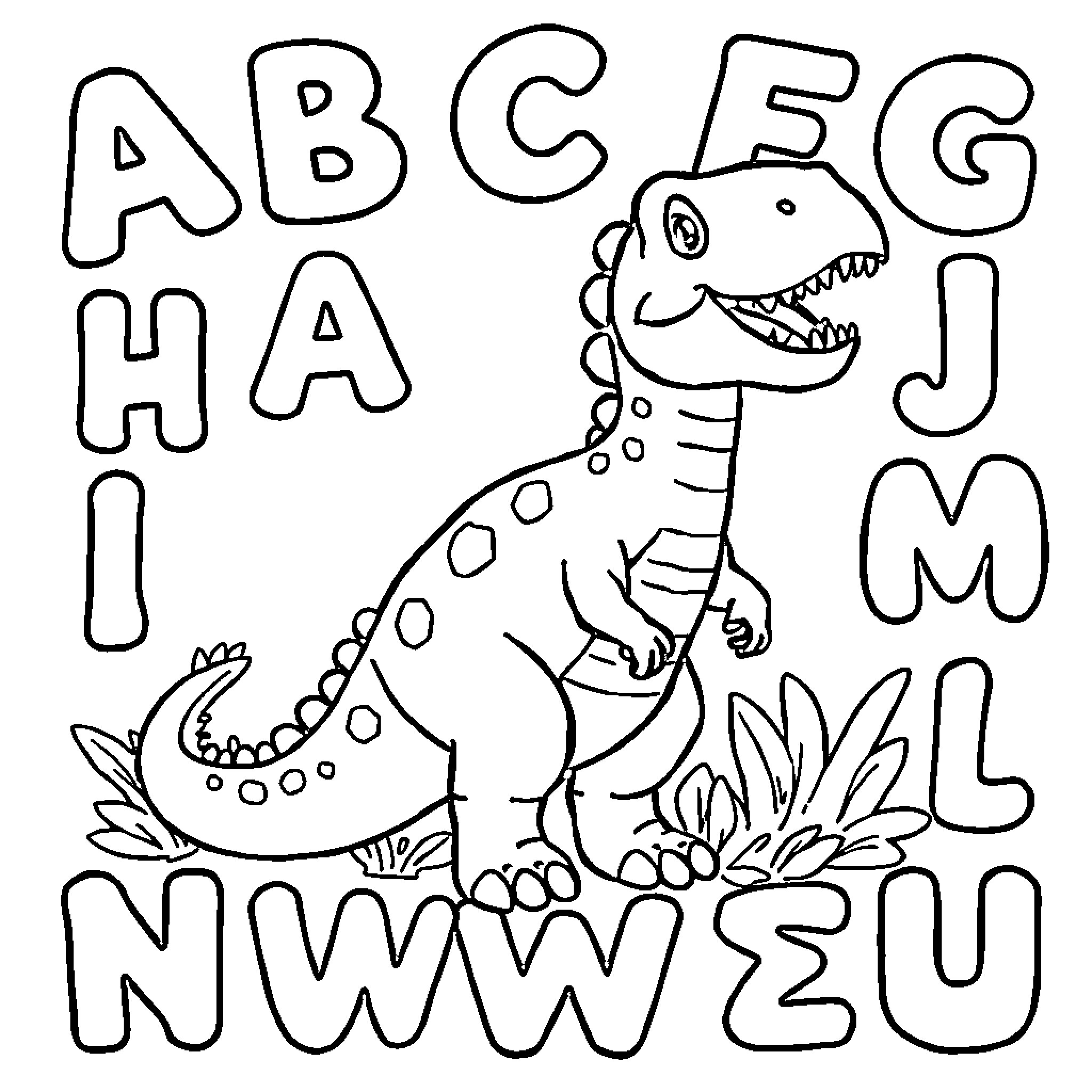 Dinosaur playing with alphabets in a natural setting Coloring Page (free black-and-white line drawing printable PDF for all, from beginners to advanced learners, including children, teens, adults, and seniors)