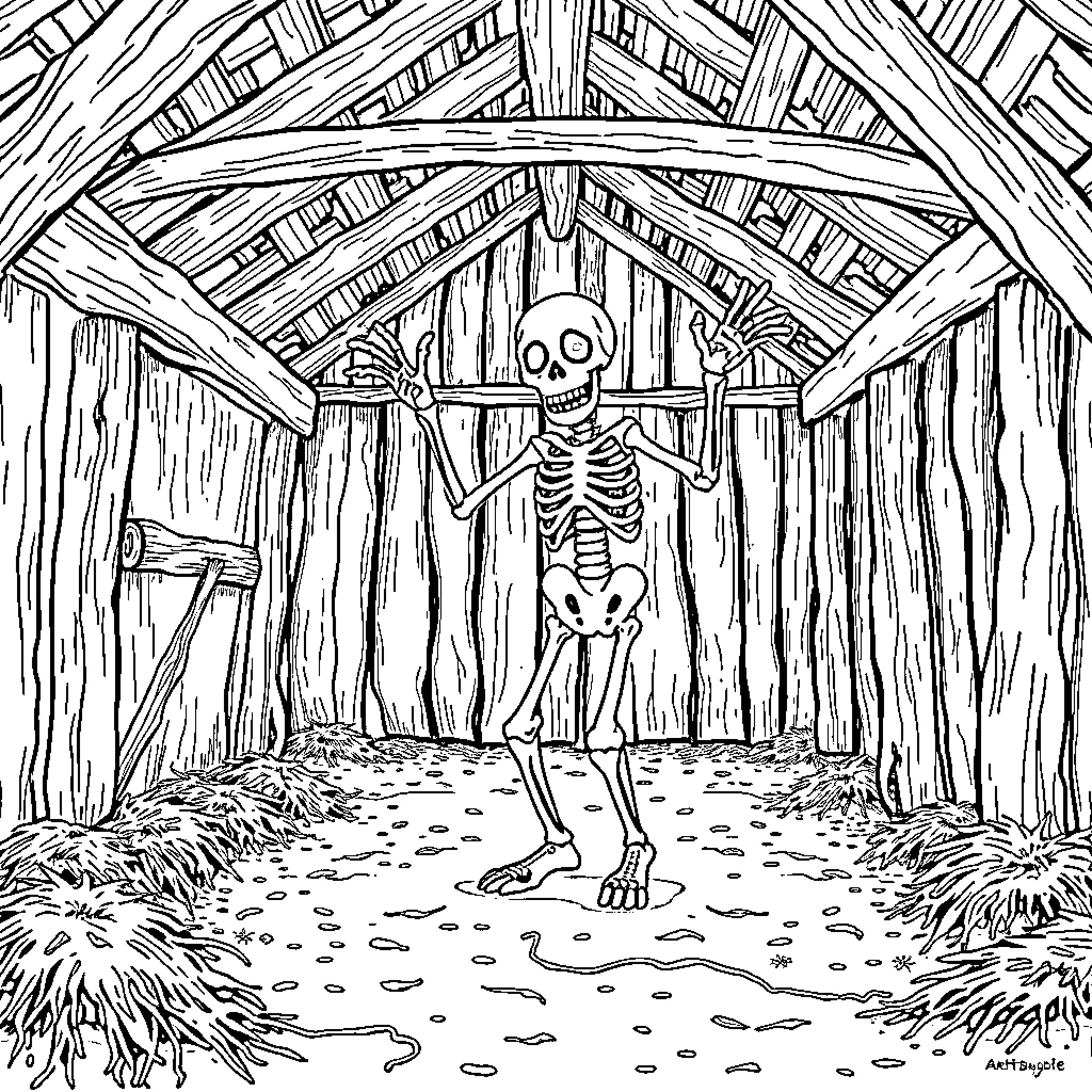 Skeleton dancing in an old wooden shed Coloring Page (free black-and-white line drawing printable PDF for all, from beginners to advanced learners, including children, teens, adults, and seniors)