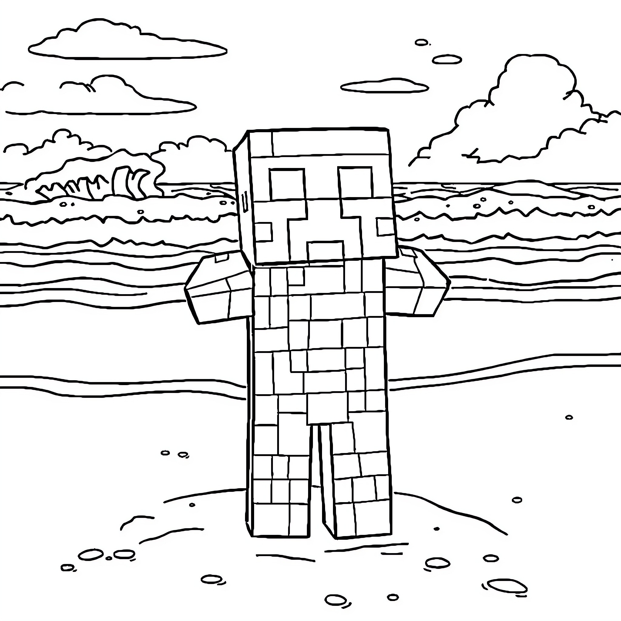 Creeper standing tall in the landscape Coloring Page (free black-and-white line drawing printable PDF for all, from beginners to advanced learners, including children, teens, adults, and seniors)
