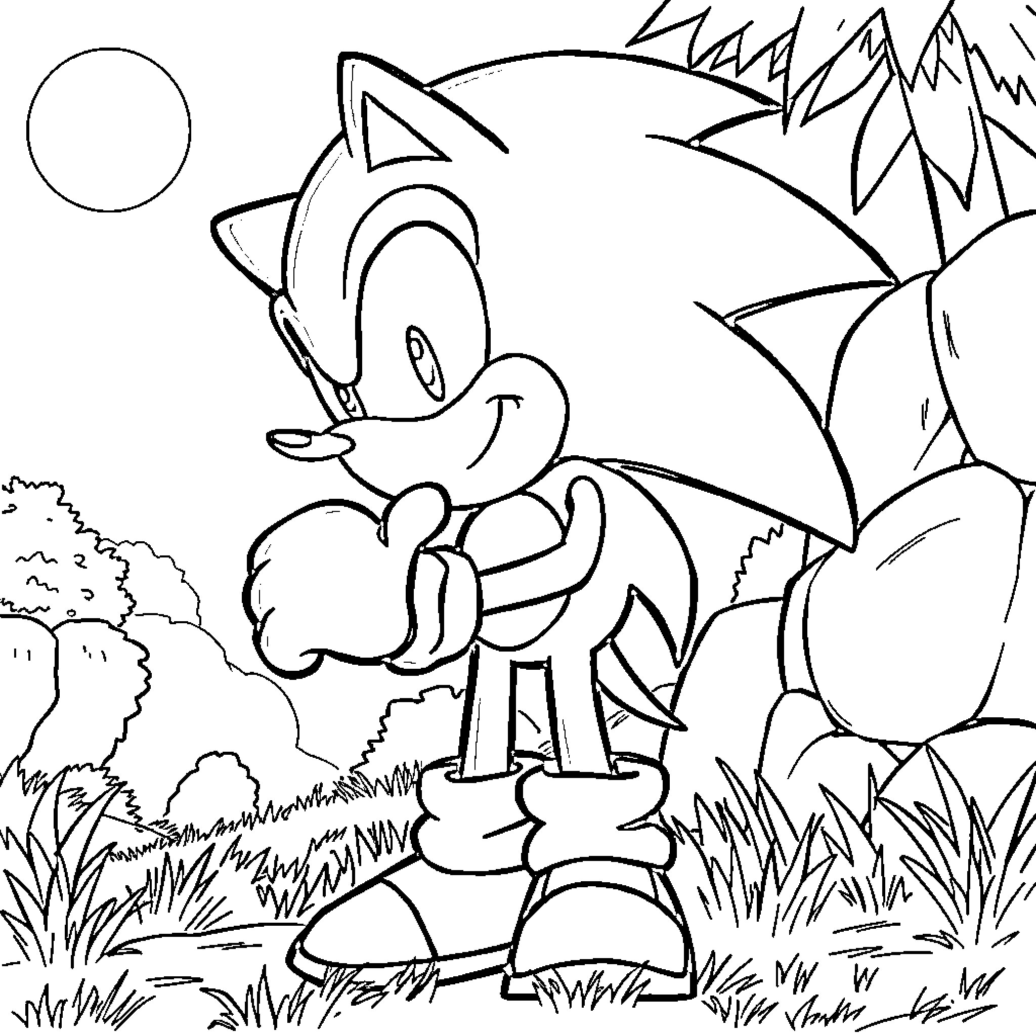 Sonic explores the forest landscape Coloring Page (free black-and-white line drawing printable PDF for all, from beginners to advanced learners, including children, teens, adults, and seniors)