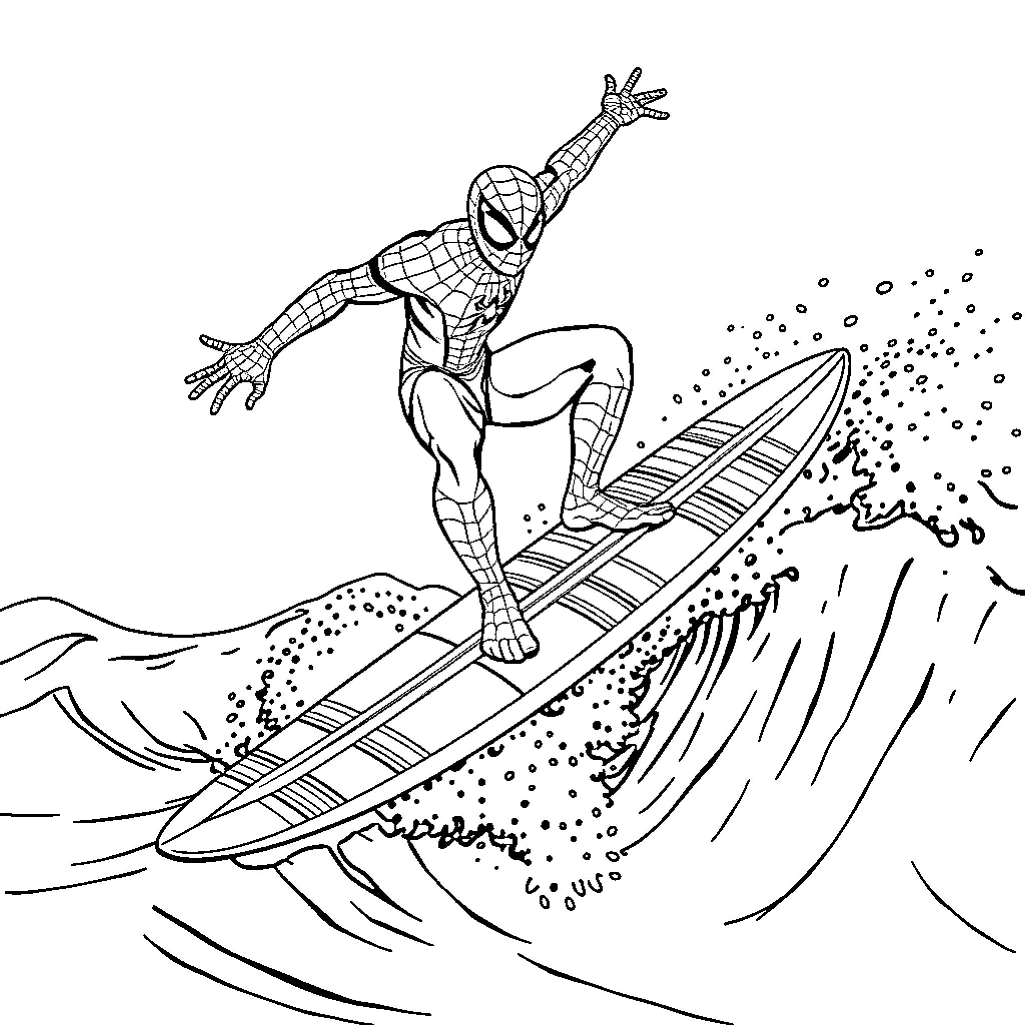Spiderman surfing the waves with superpowers Coloring Page (free black-and-white line drawing printable PDF for all, from beginners to advanced learners, including children, teens, adults, and seniors)