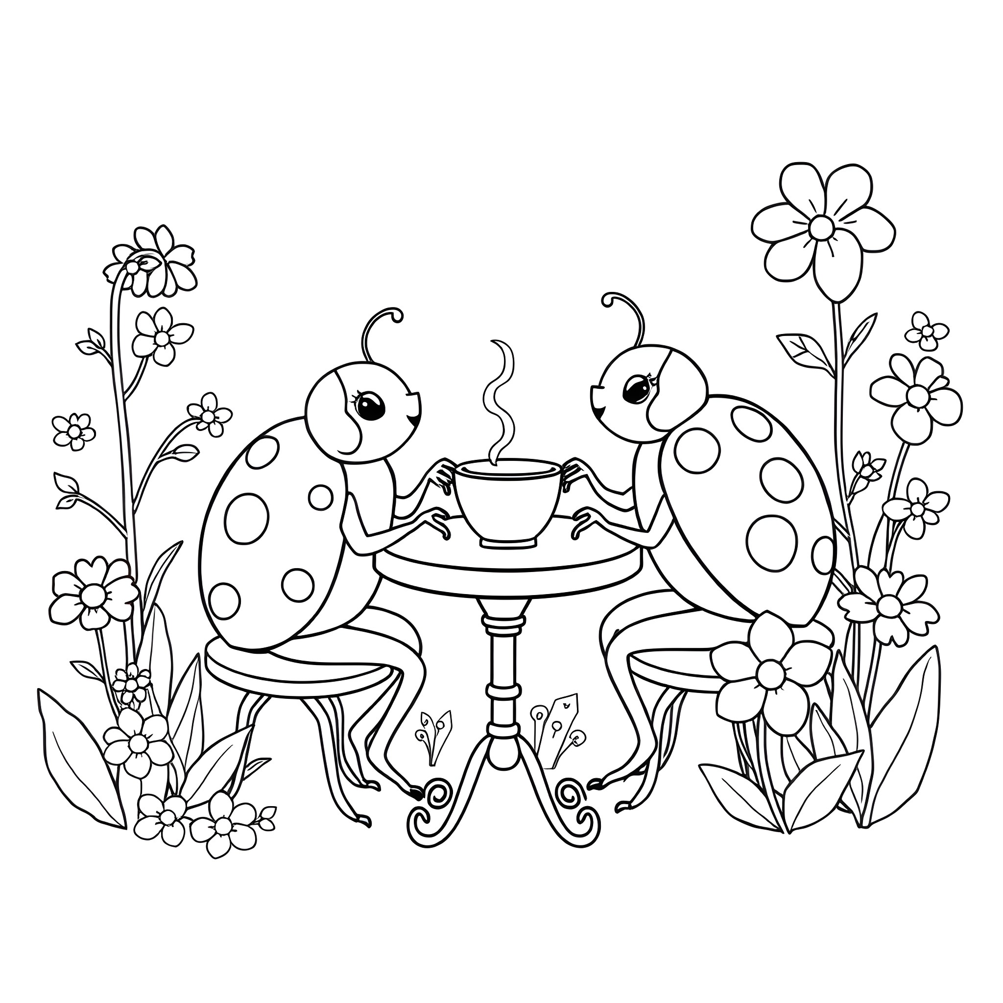 Ladybugs enjoying a tea party in the garden Coloring Page (free black-and-white line drawing printable PDF for all, from beginners to advanced learners, including children, teens, adults, and seniors)