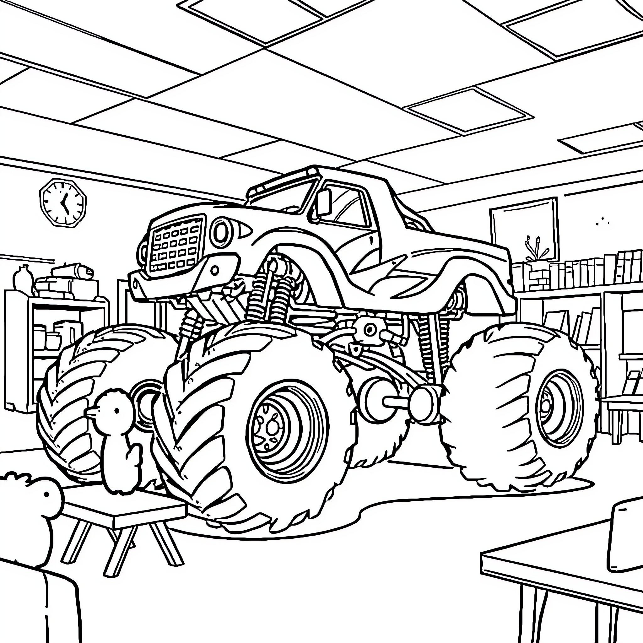 Monster Truck Crushing Objects in Classroom Coloring Page (free black-and-white line drawing printable PDF for all, from beginners to advanced learners, including children, teens, adults, and seniors)
