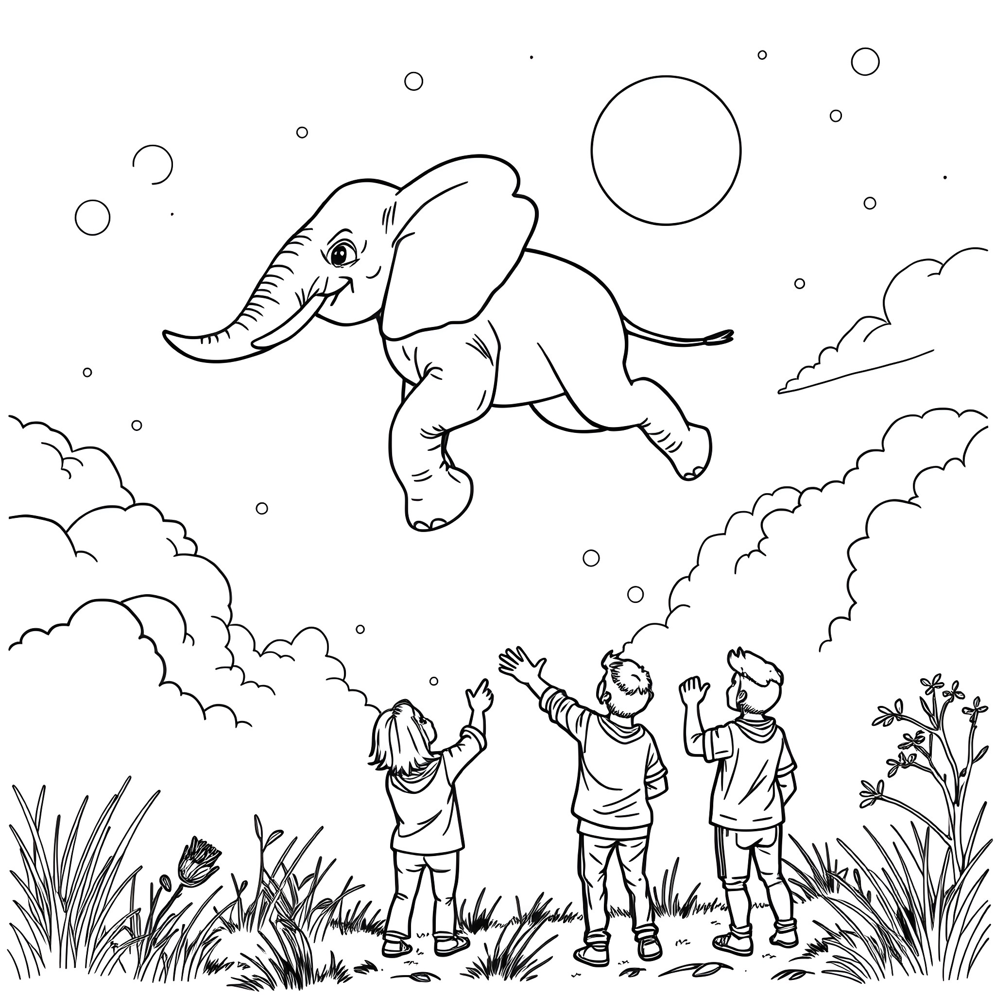 Elephant flying in the sky with children watching in wonder Coloring Page (free black-and-white line drawing printable PDF for all, from beginners to advanced learners, including children, teens, adults, and seniors)