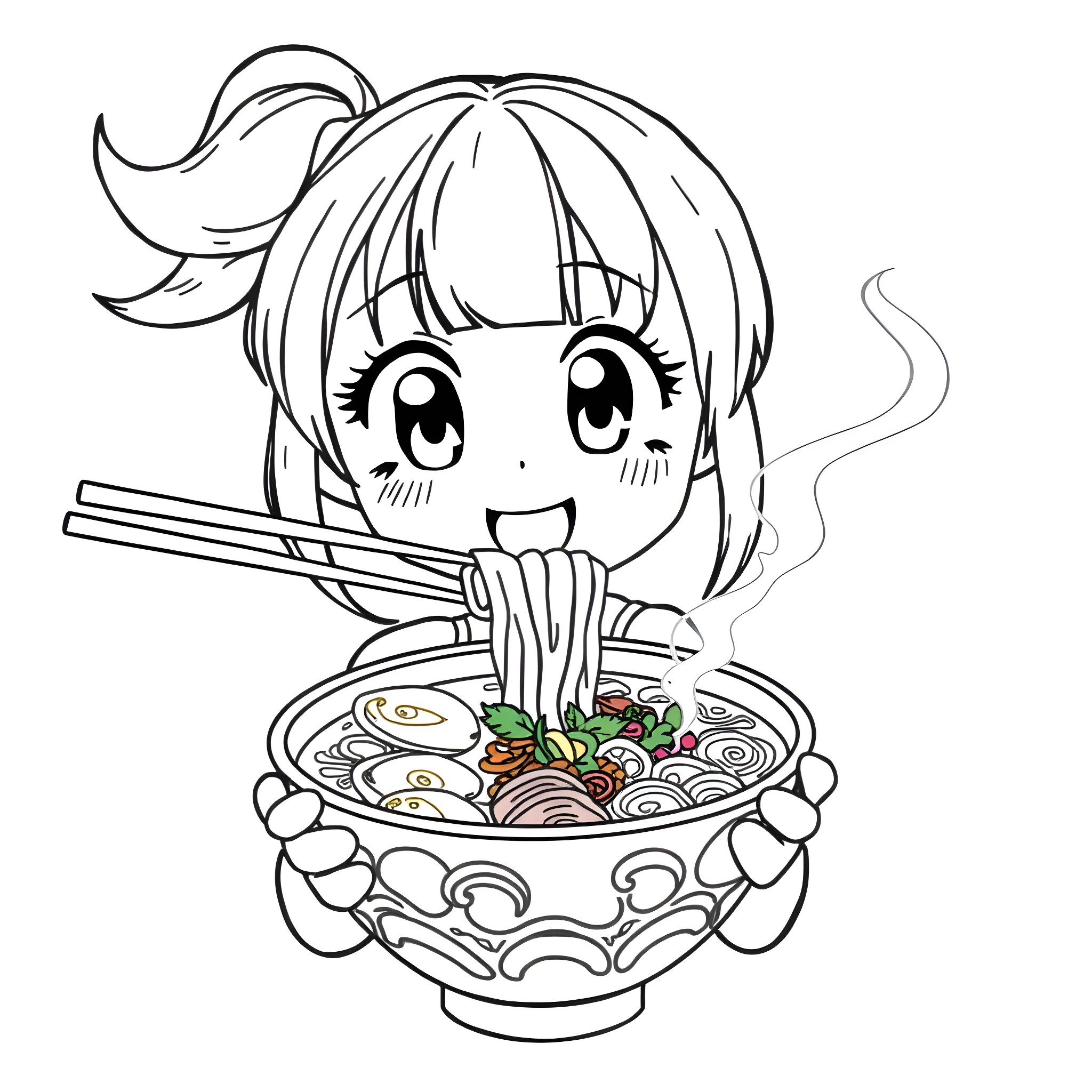 Anime Girl Enjoying a Bowl of Ramen Coloring Page (free black-and-white line drawing printable PDF for all, from beginners to advanced learners, including children, teens, adults, and seniors)