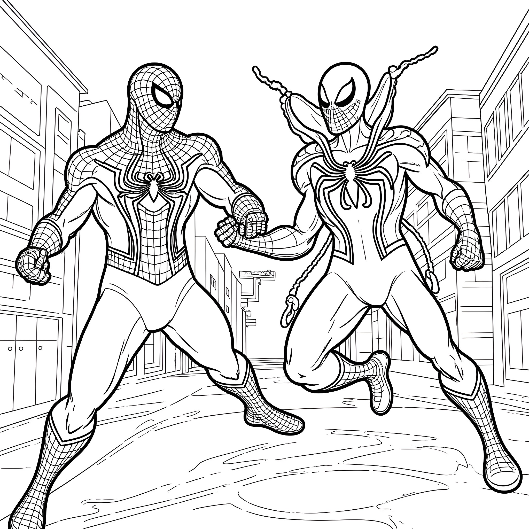 Spiderman duo in action-packed poses Coloring Page (free black-and-white line drawing printable PDF for all, from beginners to advanced learners, including children, teens, adults, and seniors)