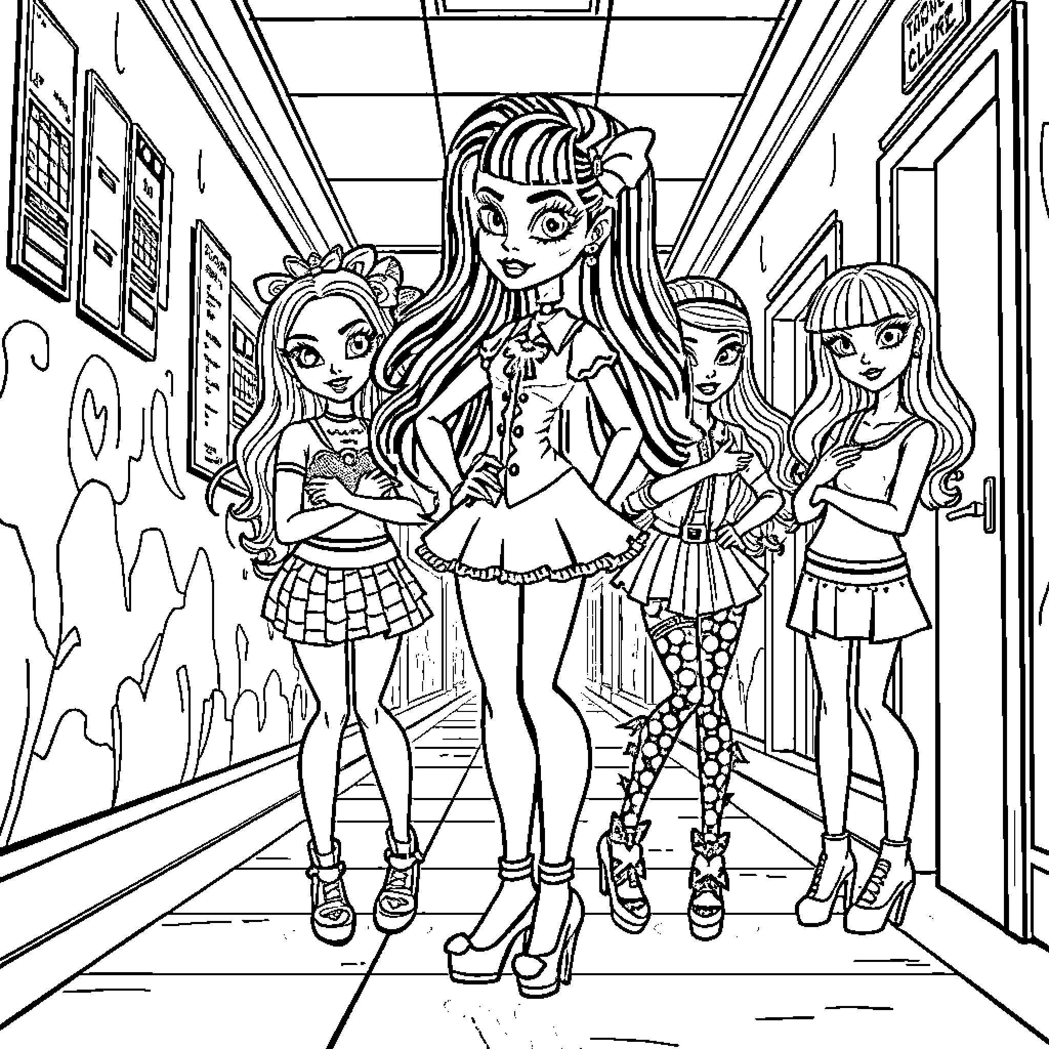 Draculaura and her friends in the school hallway Coloring Page (free black-and-white line drawing printable PDF for all, from beginners to advanced learners, including children, teens, adults, and seniors)