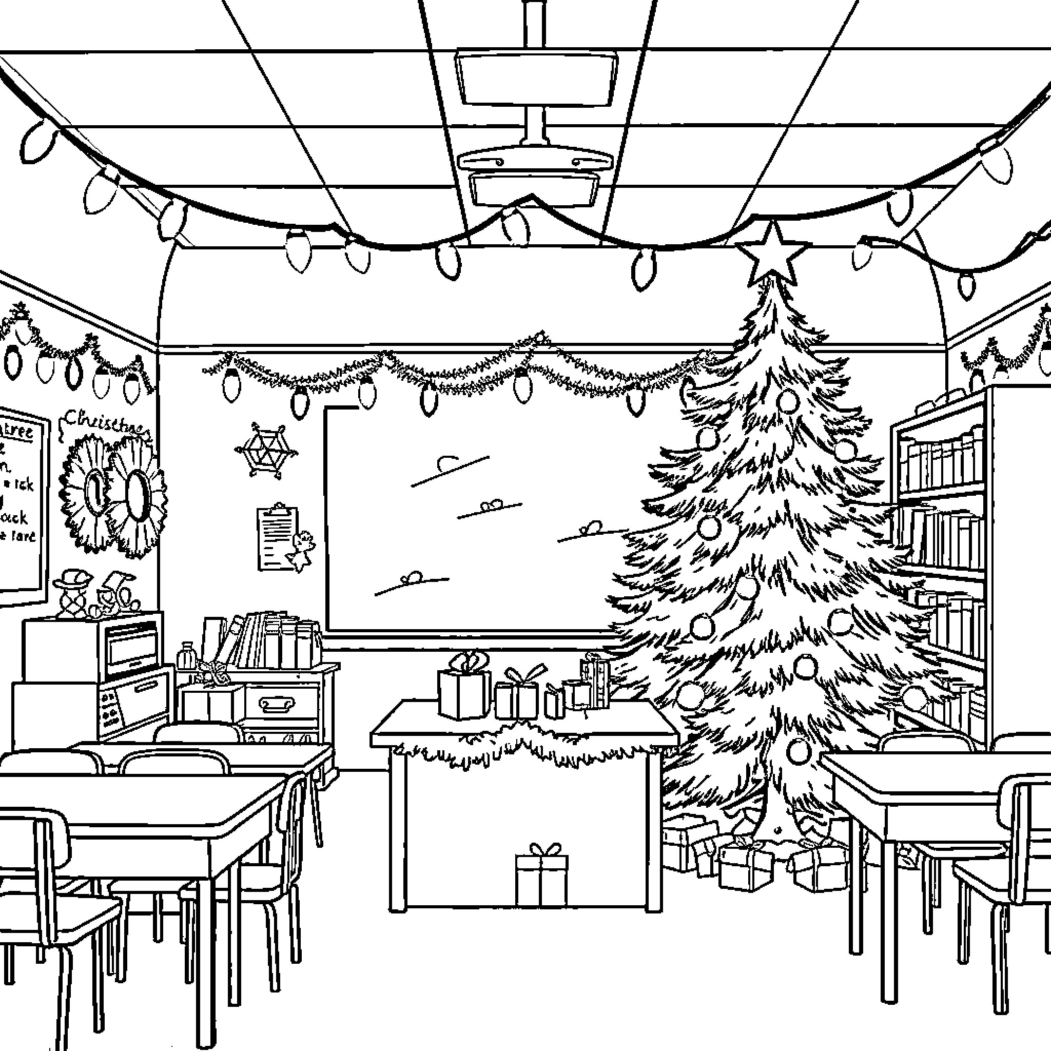 Christmas Classroom Celebration with Decorated Tree Coloring Page (free black-and-white line drawing printable PDF for all, from beginners to advanced learners, including children, teens, adults, and seniors)