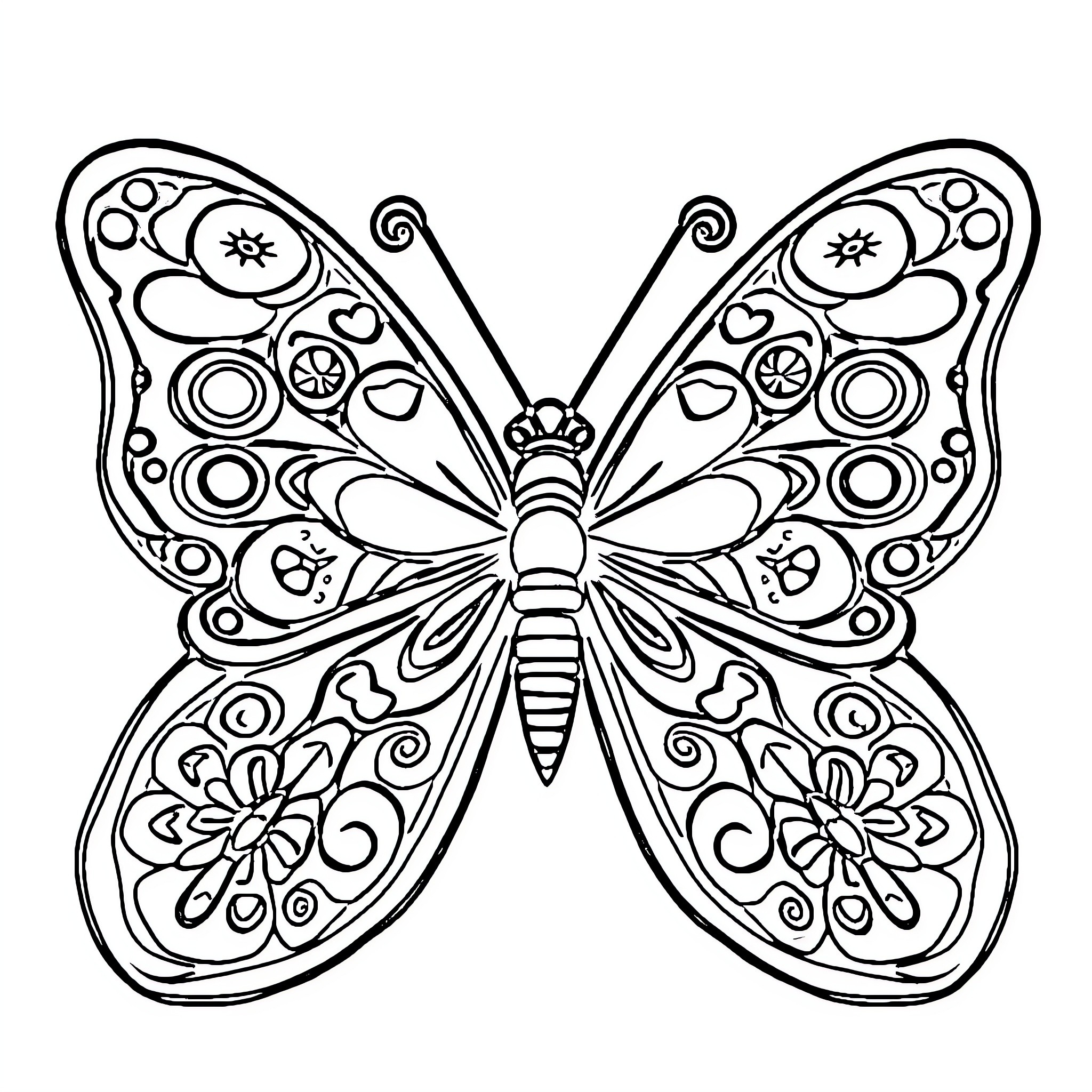 Butterfly with intricate floral patterns Coloring Page (free black-and-white line drawing printable PDF for all, from beginners to advanced learners, including children, teens, adults, and seniors)