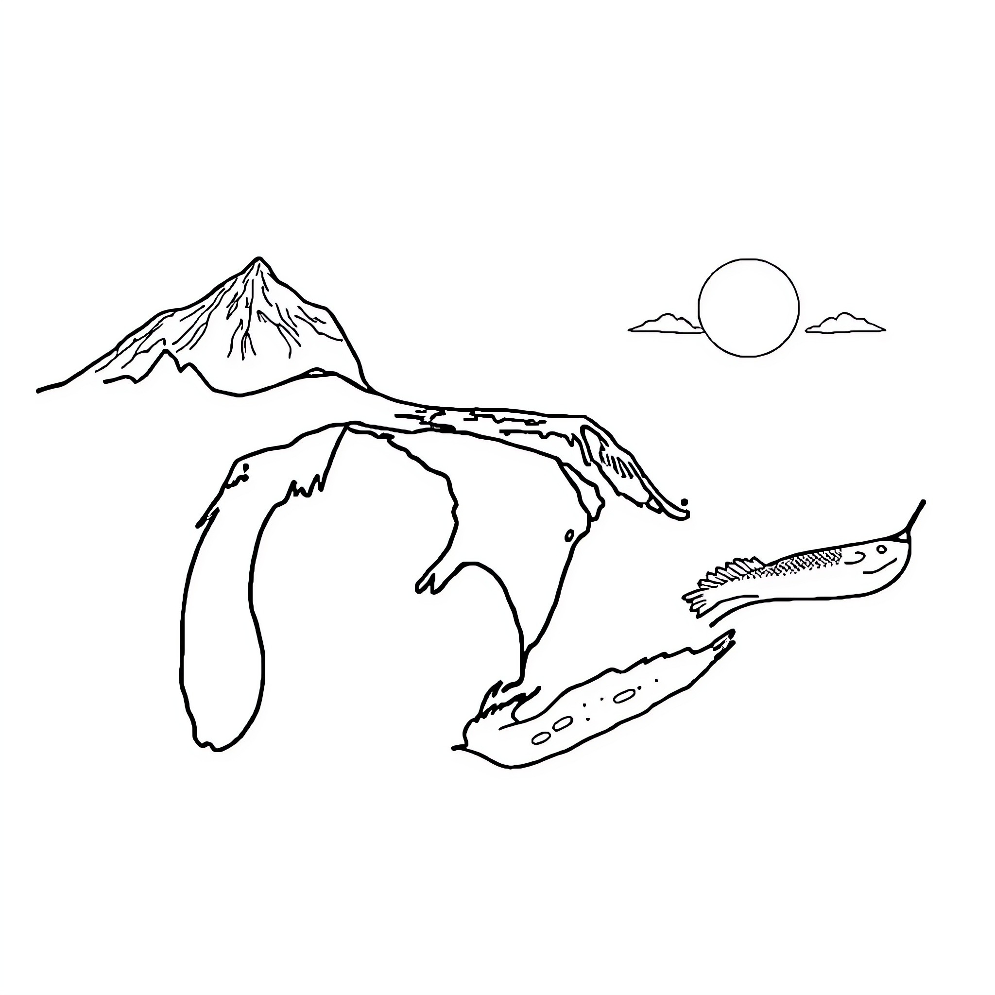 Lake with mountains and wildlife Coloring Page (free black-and-white line drawing printable PDF for all, from beginners to advanced learners, including children, teens, adults, and seniors)