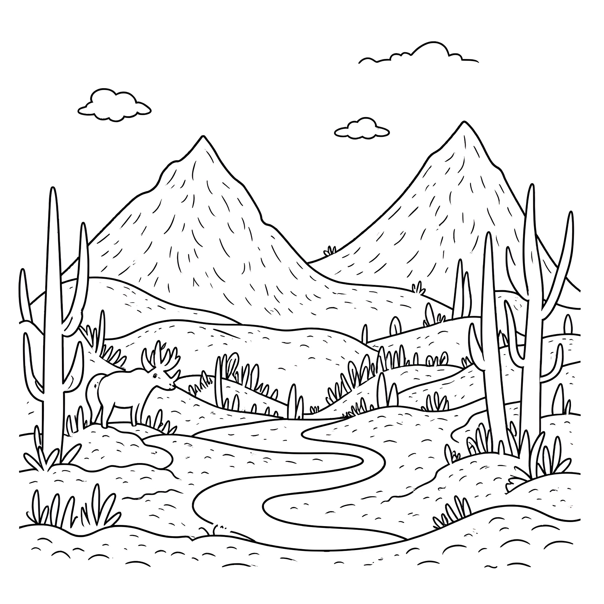 Minecraft characters exploring mountainous landscape Coloring Page (free black-and-white line drawing printable PDF for all, from beginners to advanced learners, including children, teens, adults, and seniors)