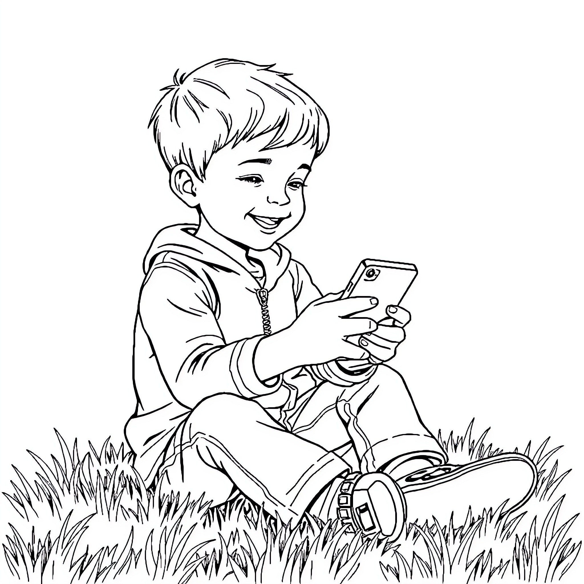 Boy playing happily with smartphone in grassy field Coloring Page (free black-and-white line drawing printable PDF for all, from beginners to advanced learners, including children, teens, adults, and seniors)