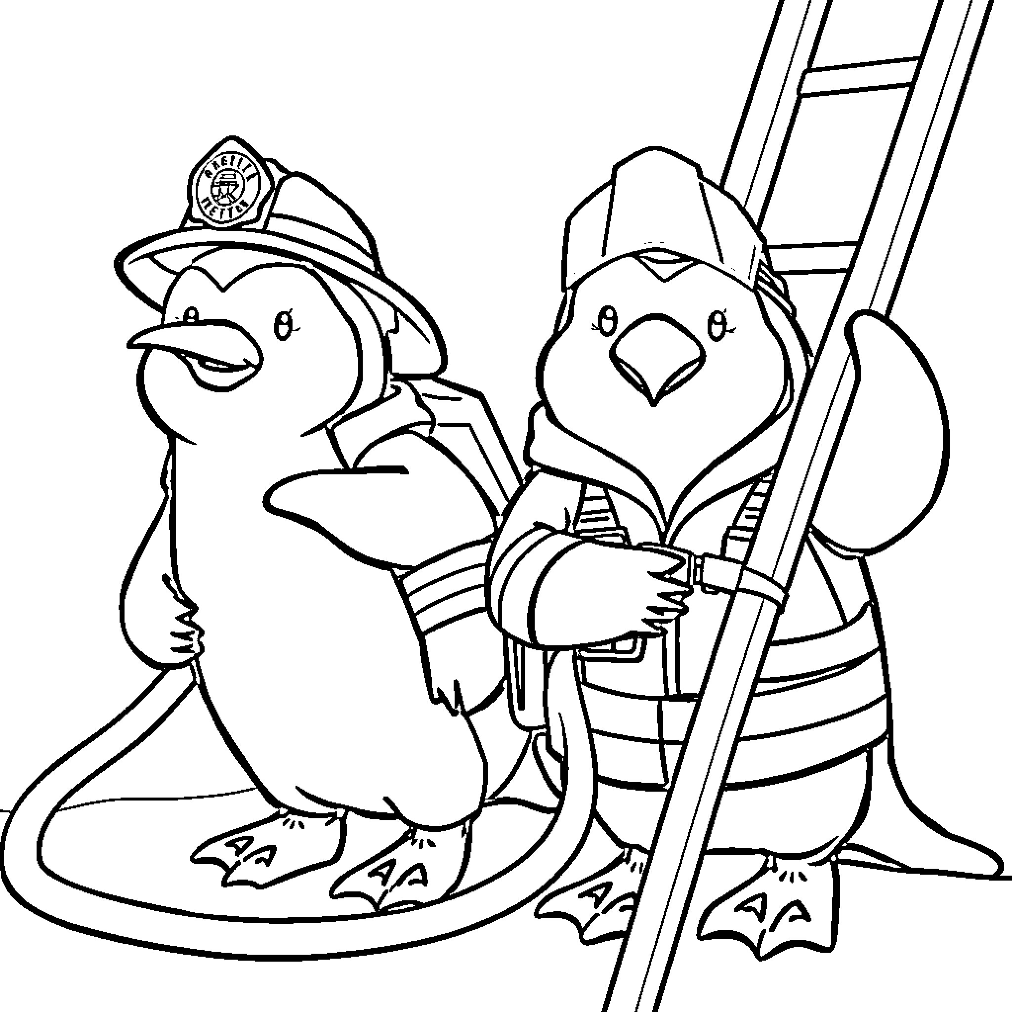 Penguins as Firefighters with Ladder Coloring Page (free black-and-white line drawing printable PDF for all, from beginners to advanced learners, including children, teens, adults, and seniors)
