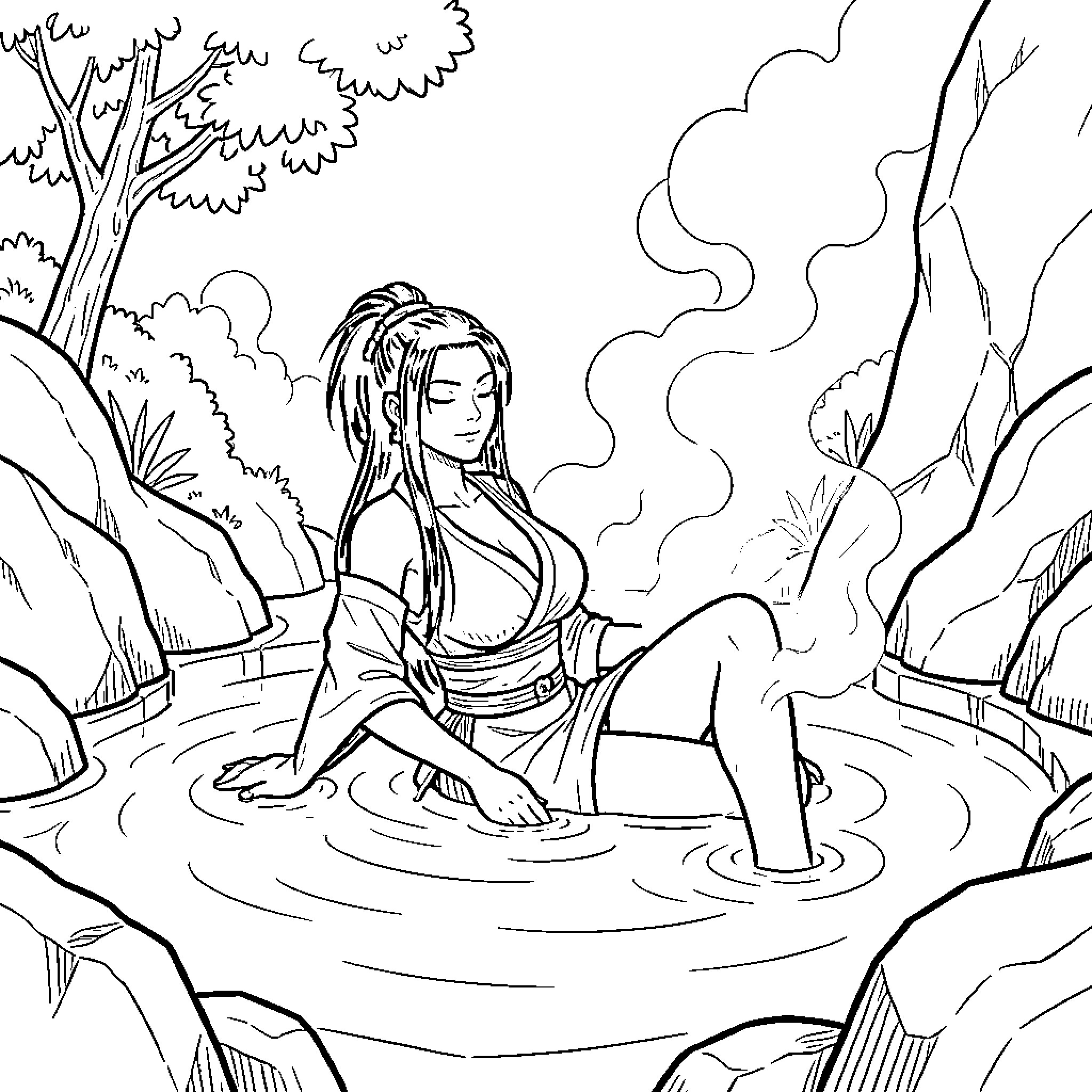 Tsunade relaxing in serene natural setting Coloring Page (free black-and-white line drawing printable PDF for all, from beginners to advanced learners, including children, teens, adults, and seniors)