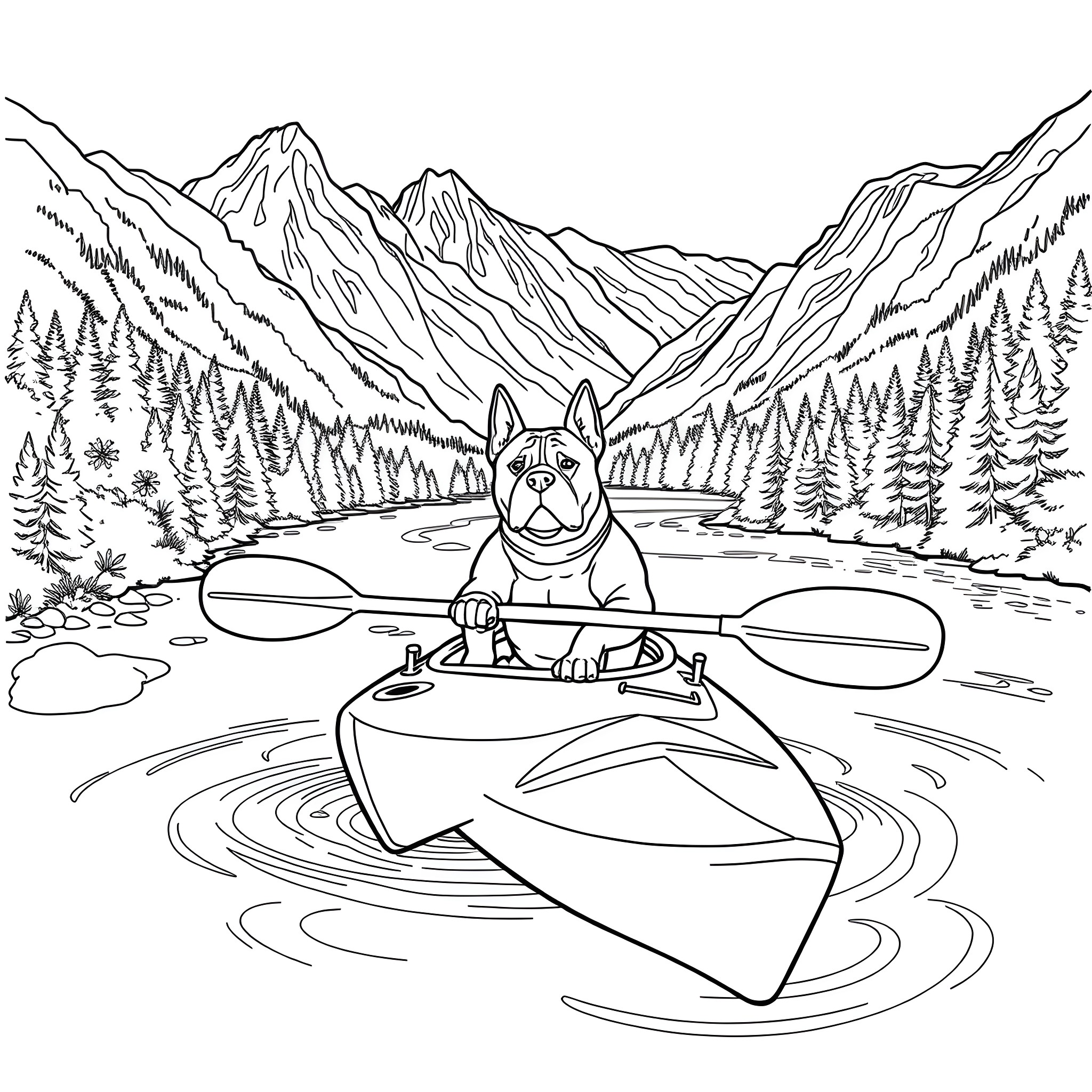 Pit Bull paddling in a mountain lake Coloring Page (free black-and-white line drawing printable PDF for all, from beginners to advanced learners, including children, teens, adults, and seniors)