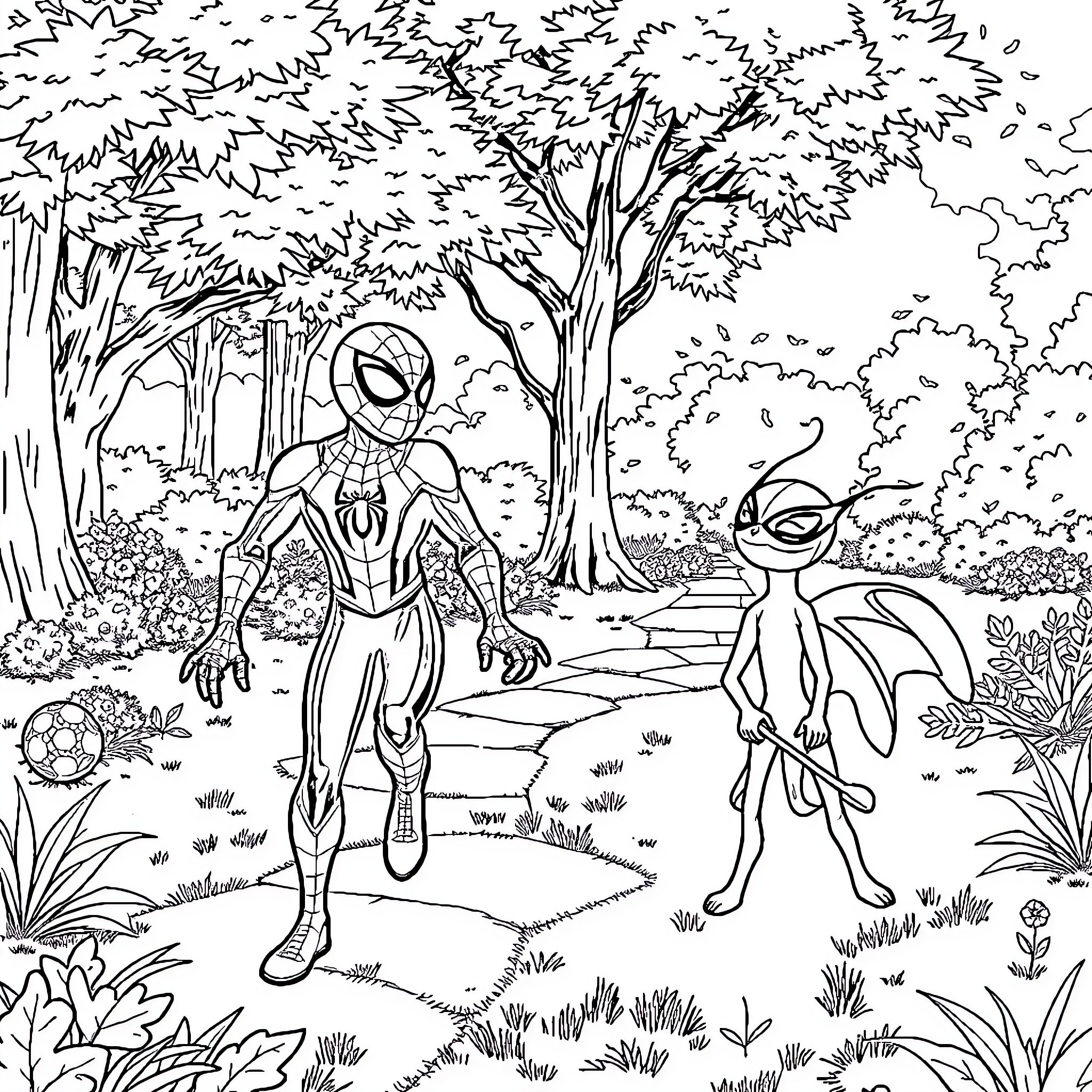 Spidey heroes in enchanted forest Coloring Page (free black-and-white line drawing printable PDF for all, from beginners to advanced learners, including children, teens, adults, and seniors)