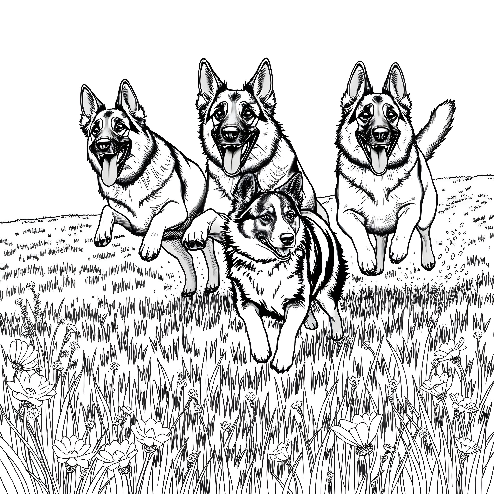 Dog pack running joyfully in the meadow Coloring Page (free black-and-white line drawing printable PDF for all, from beginners to advanced learners, including children, teens, adults, and seniors)