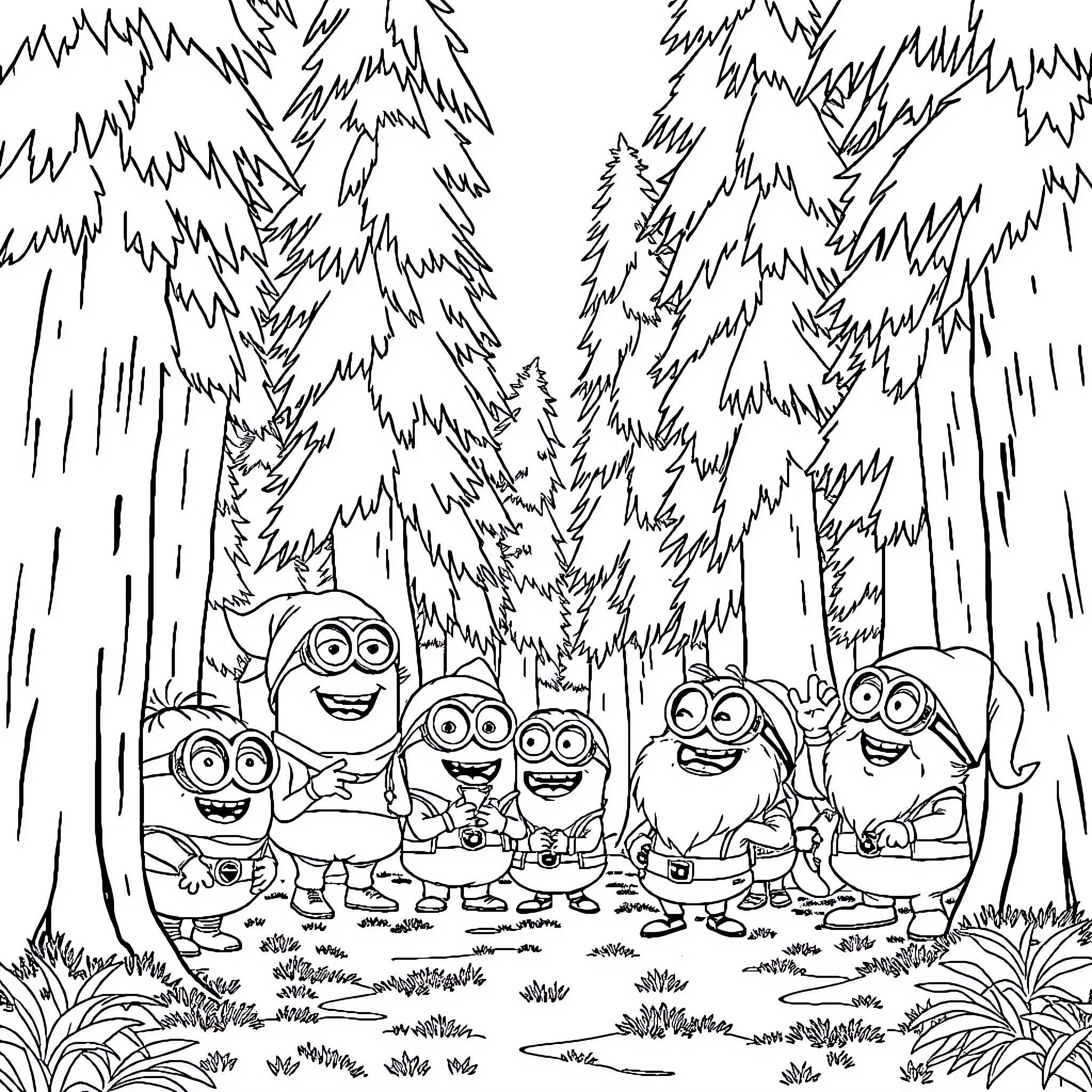 Minions exploring the mysterious forest Coloring Page (free black-and-white line drawing printable PDF for all, from beginners to advanced learners, including children, teens, adults, and seniors)