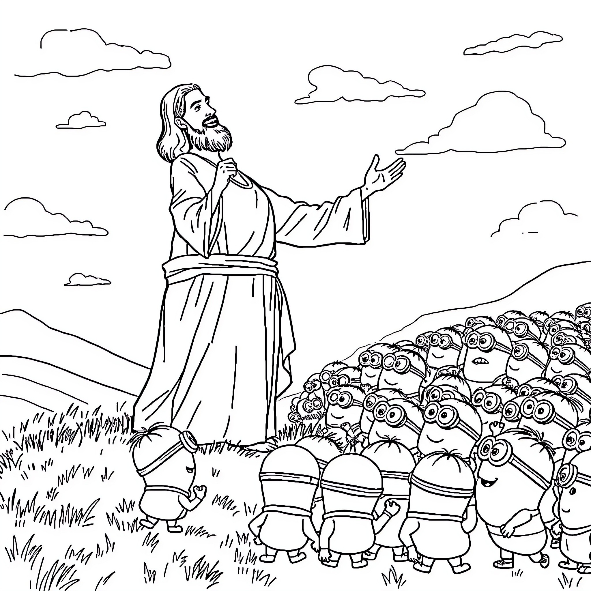 Jesus teaching and blessing the crowd Coloring Page (free black-and-white line drawing printable PDF for all, from beginners to advanced learners, including children, teens, adults, and seniors)
