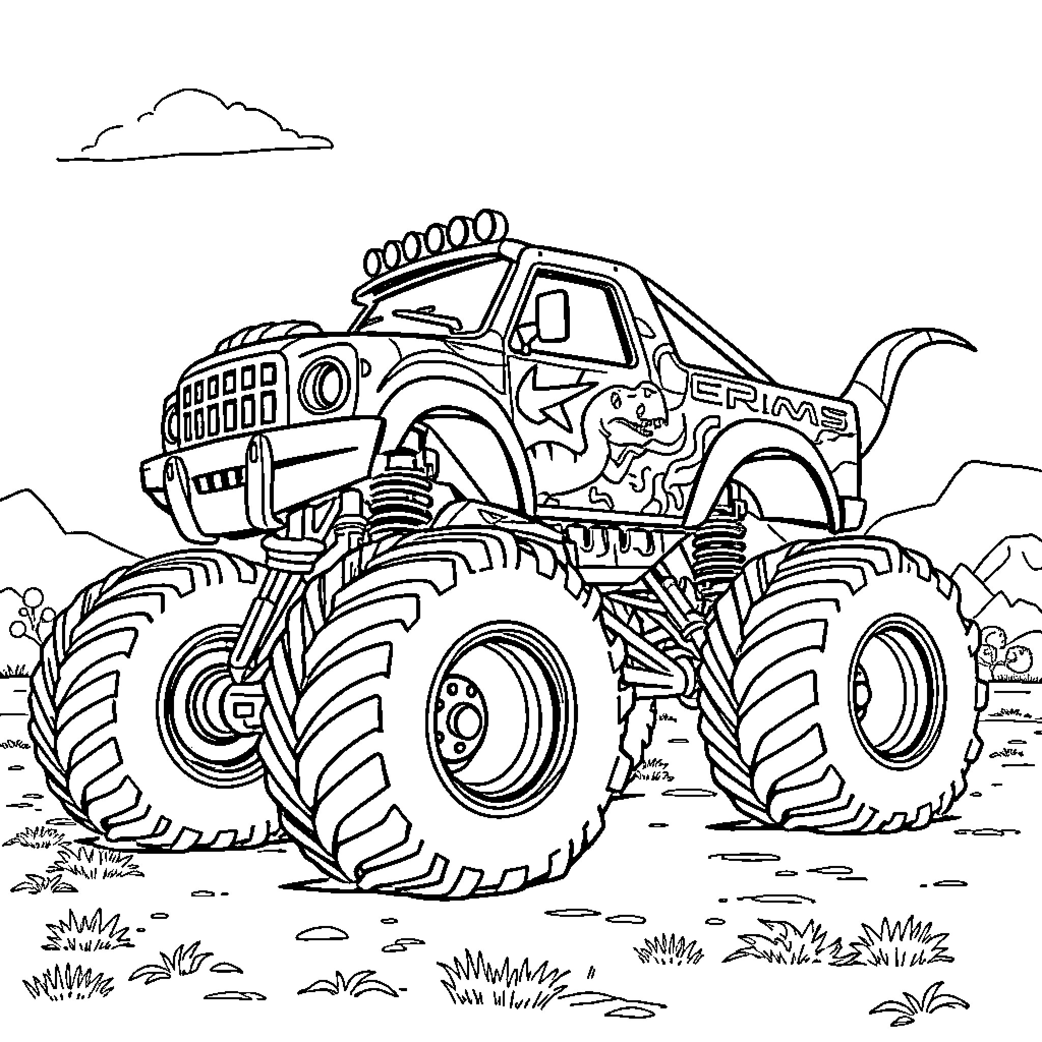 Dino Monster Truck Crushing Through the Wilderness Coloring Page (free black-and-white line drawing printable PDF for all, from beginners to advanced learners, including children, teens, adults, and seniors)