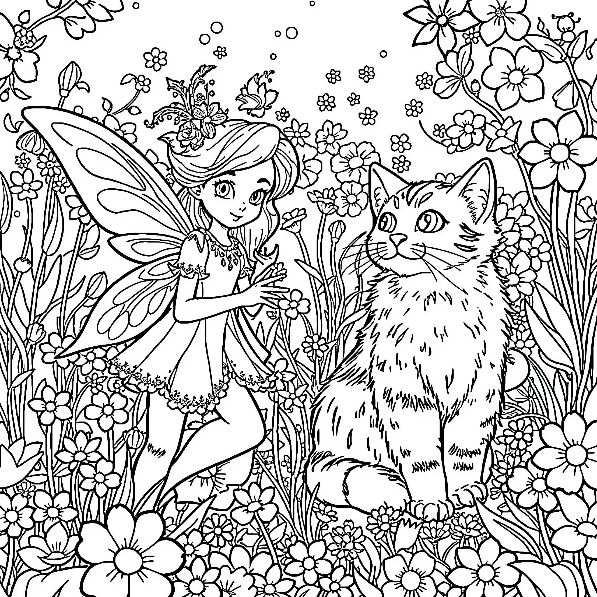 Feeble Fairy's Flowery Feline Friend Coloring Page (free black-and-white line drawing printable PDF for all, from beginners to advanced learners, including children, teens, adults, and seniors)