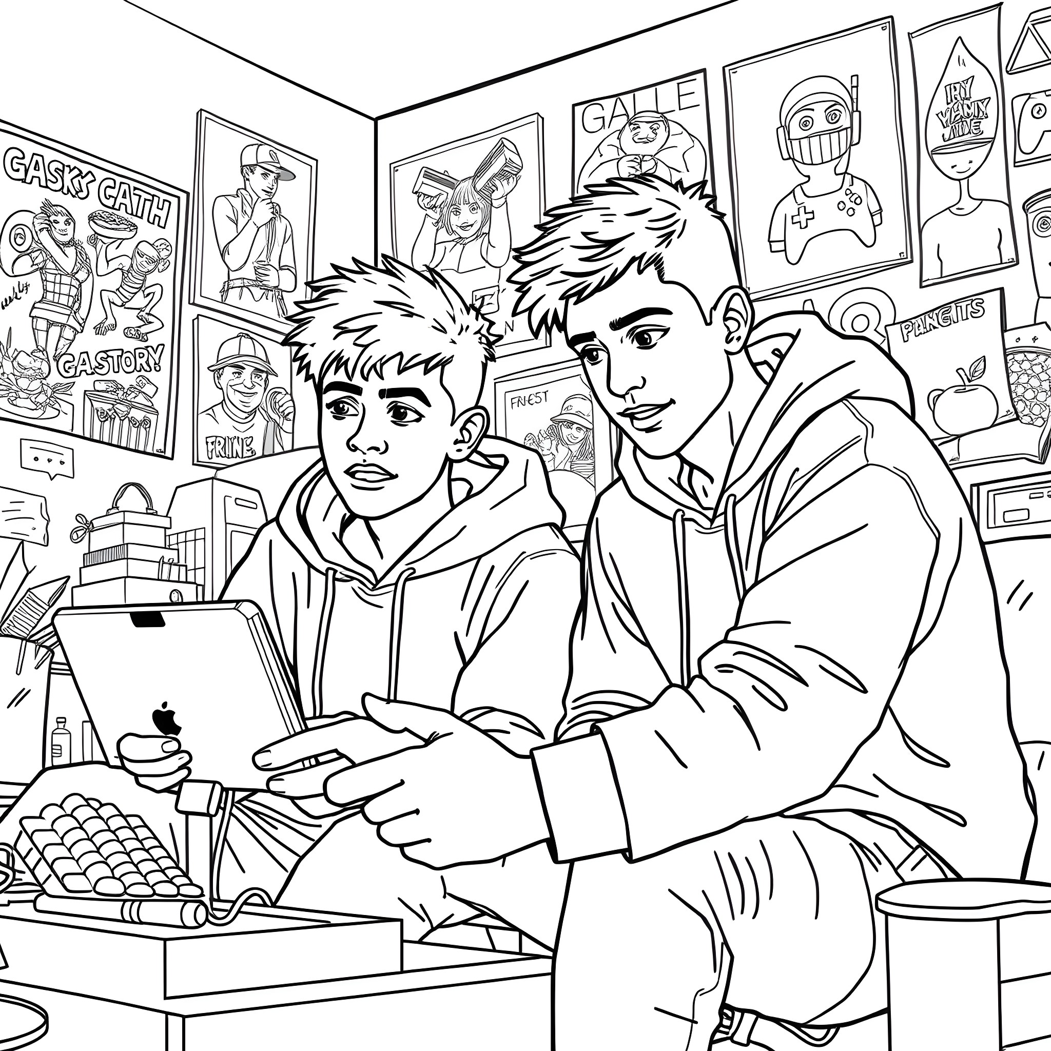 Teen Guys Working Together on a Computer Project Coloring Page (free black-and-white line drawing printable PDF for all, from beginners to advanced learners, including children, teens, adults, and seniors)