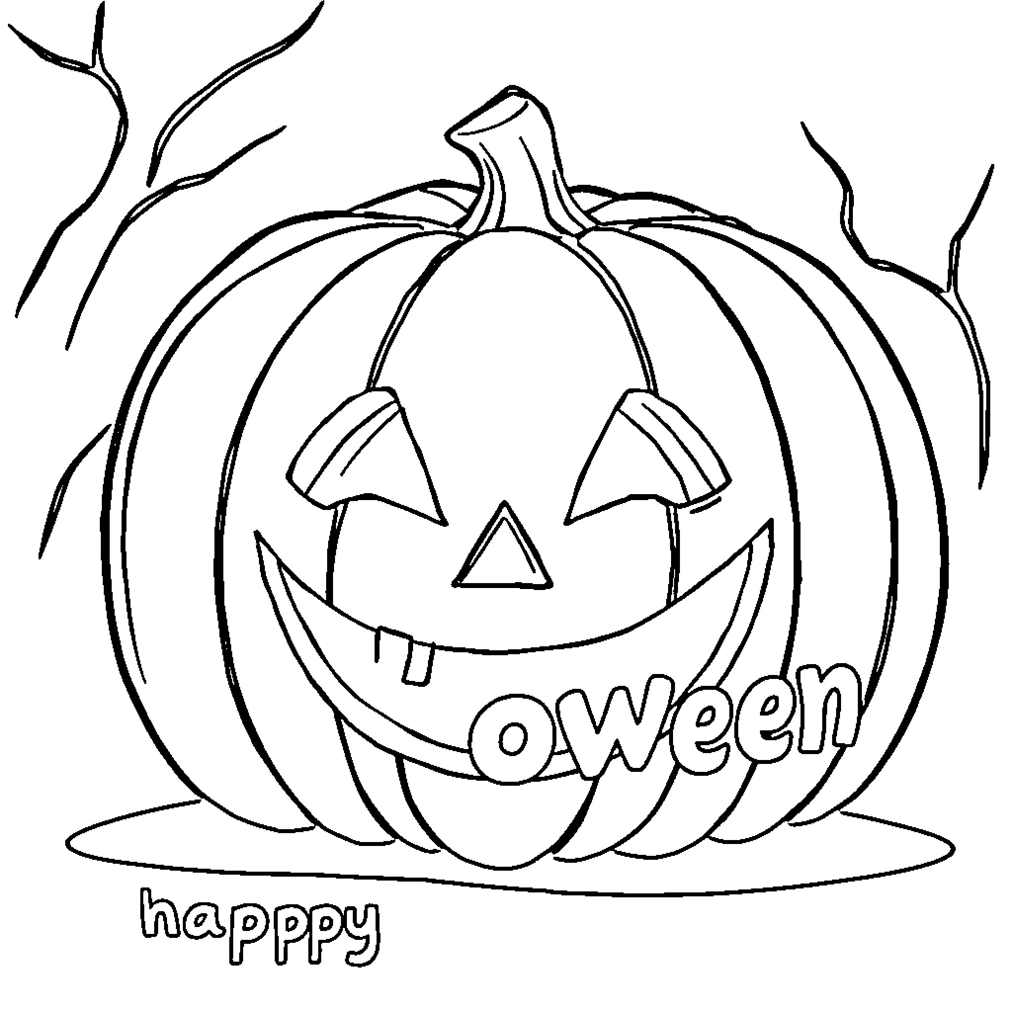 Pumpkin Jack-O'-Lantern with Happy Halloween Text Coloring Page (free black-and-white line drawing printable PDF for all, from beginners to advanced learners, including children, teens, adults, and seniors)