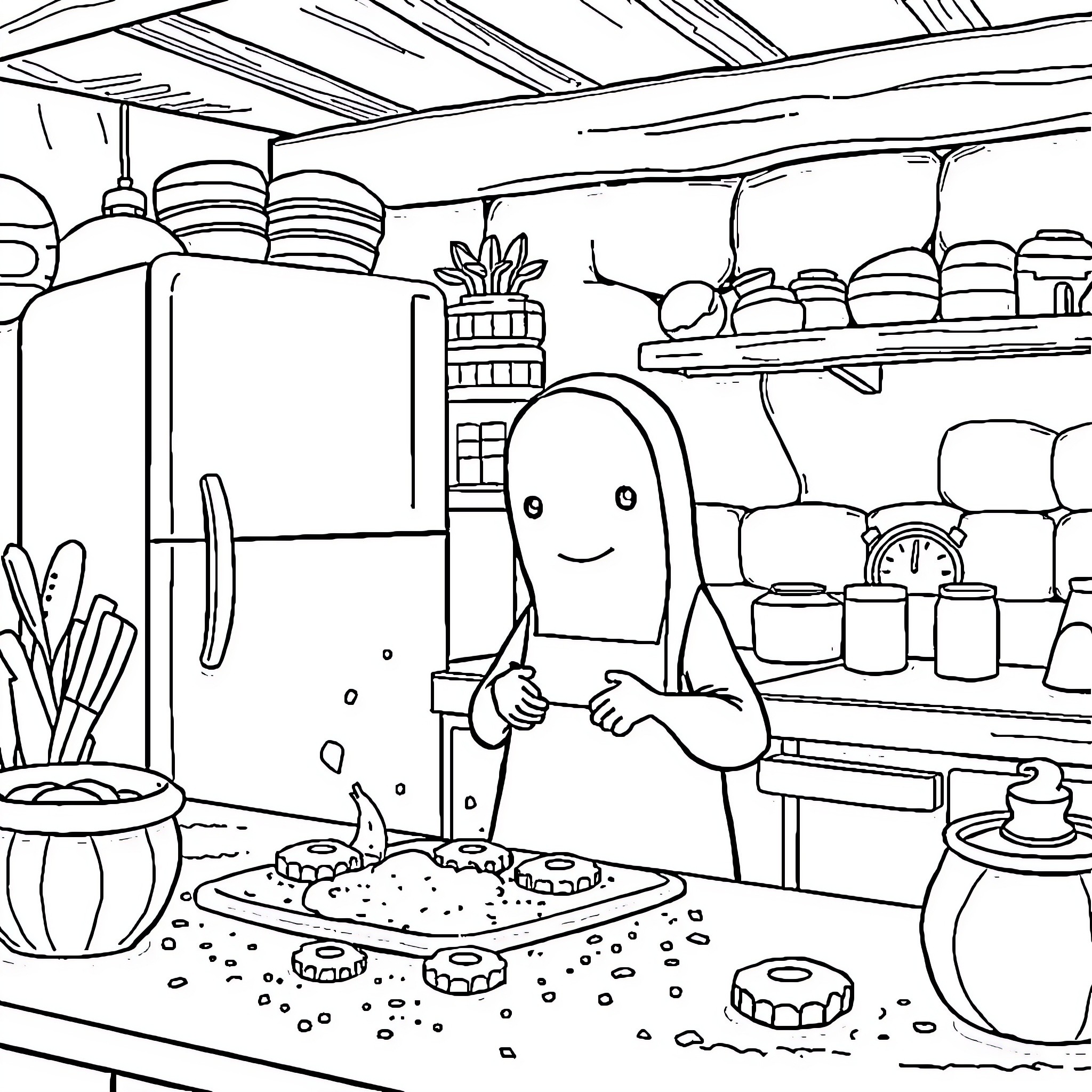 No Face Cooking Happily in the Cluttered Kitchen Coloring Page (free black-and-white line drawing printable PDF for all, from beginners to advanced learners, including children, teens, adults, and seniors)
