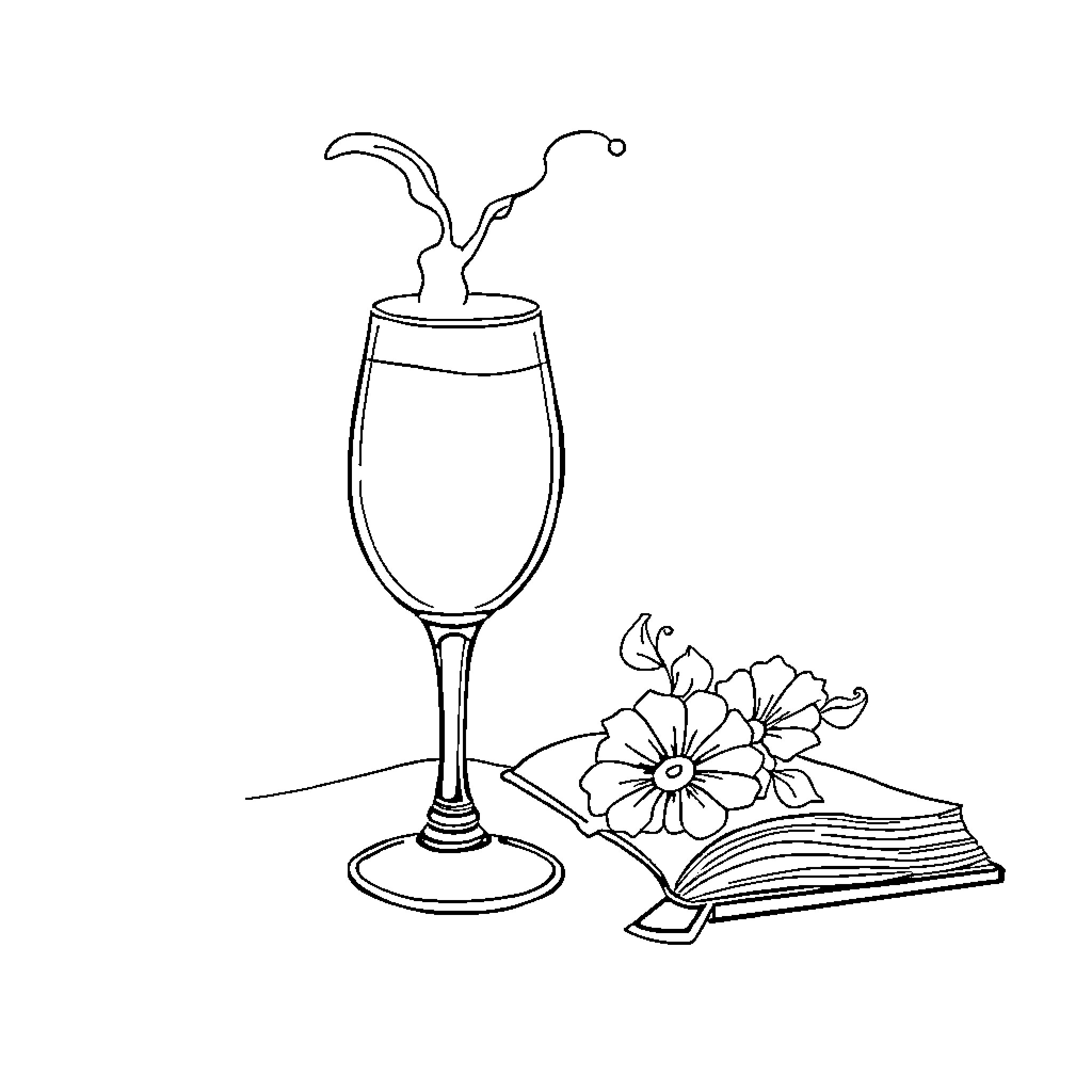 Flute and flower with open book on table Coloring Page (free black-and-white line drawing printable PDF for all, from beginners to advanced learners, including children, teens, adults, and seniors)