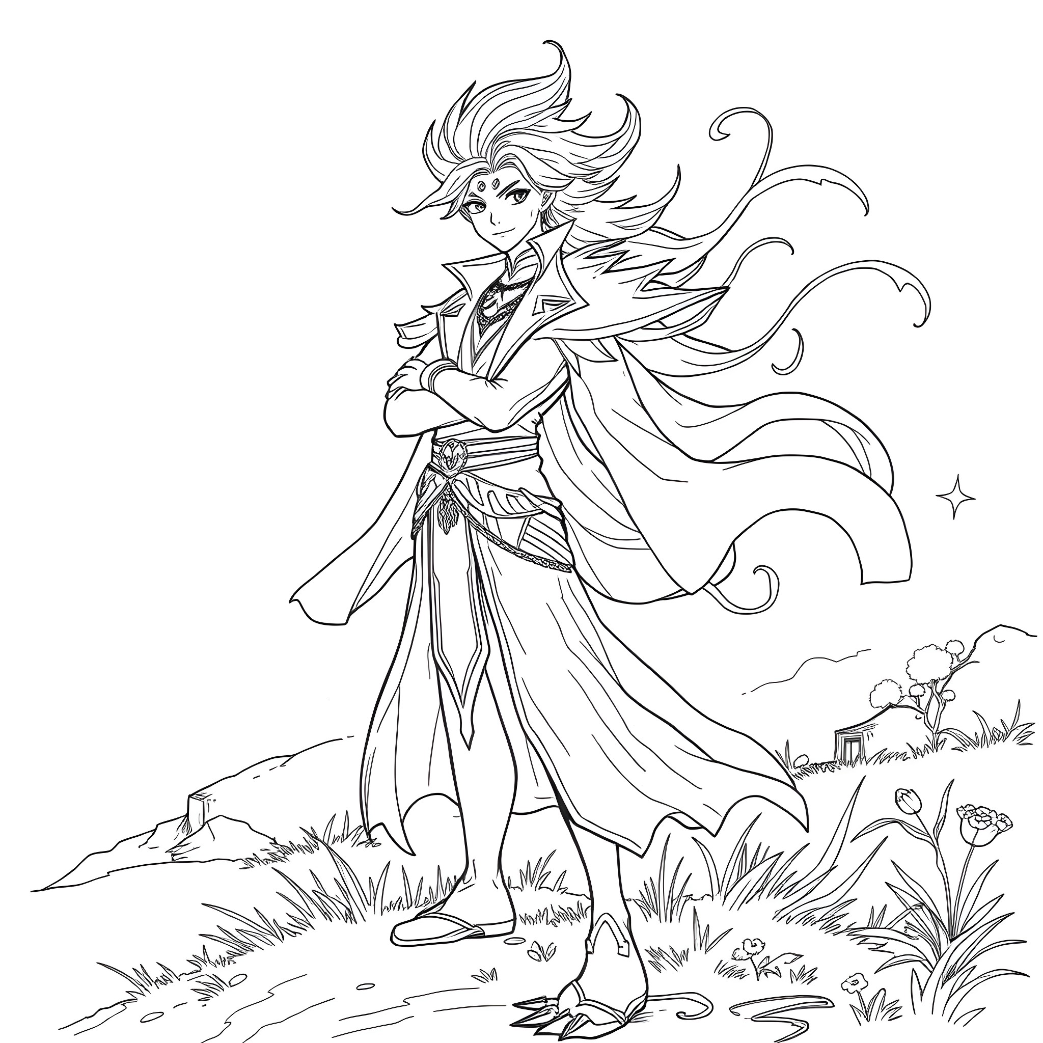 Kaeya in a Heroic Pose with Flowing Robes Coloring Page (free black-and-white line drawing printable PDF for all, from beginners to advanced learners, including children, teens, adults, and seniors)