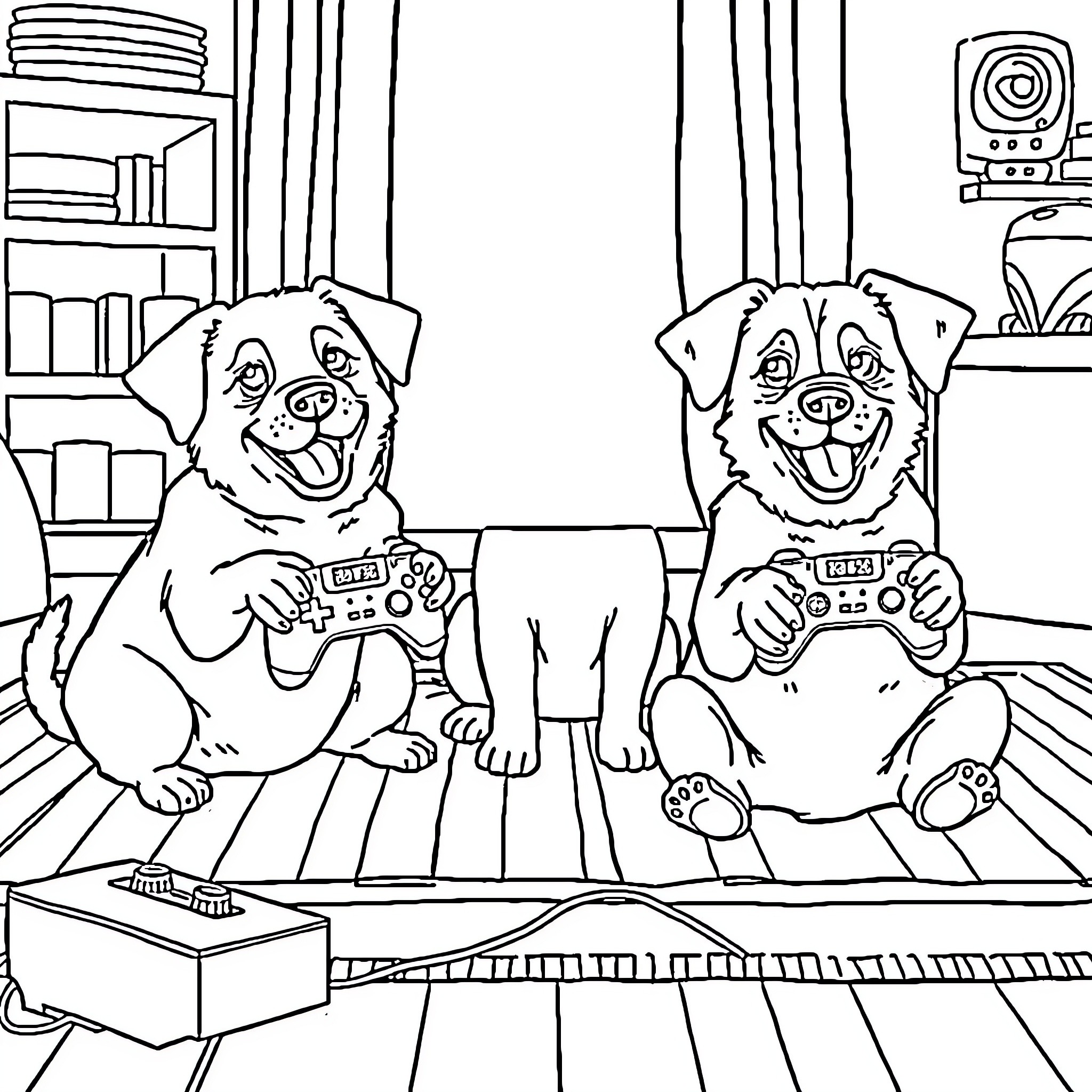 Dogs Playing Video Games on the Floor Coloring Page (free black-and-white line drawing printable PDF for all, from beginners to advanced learners, including children, teens, adults, and seniors)
