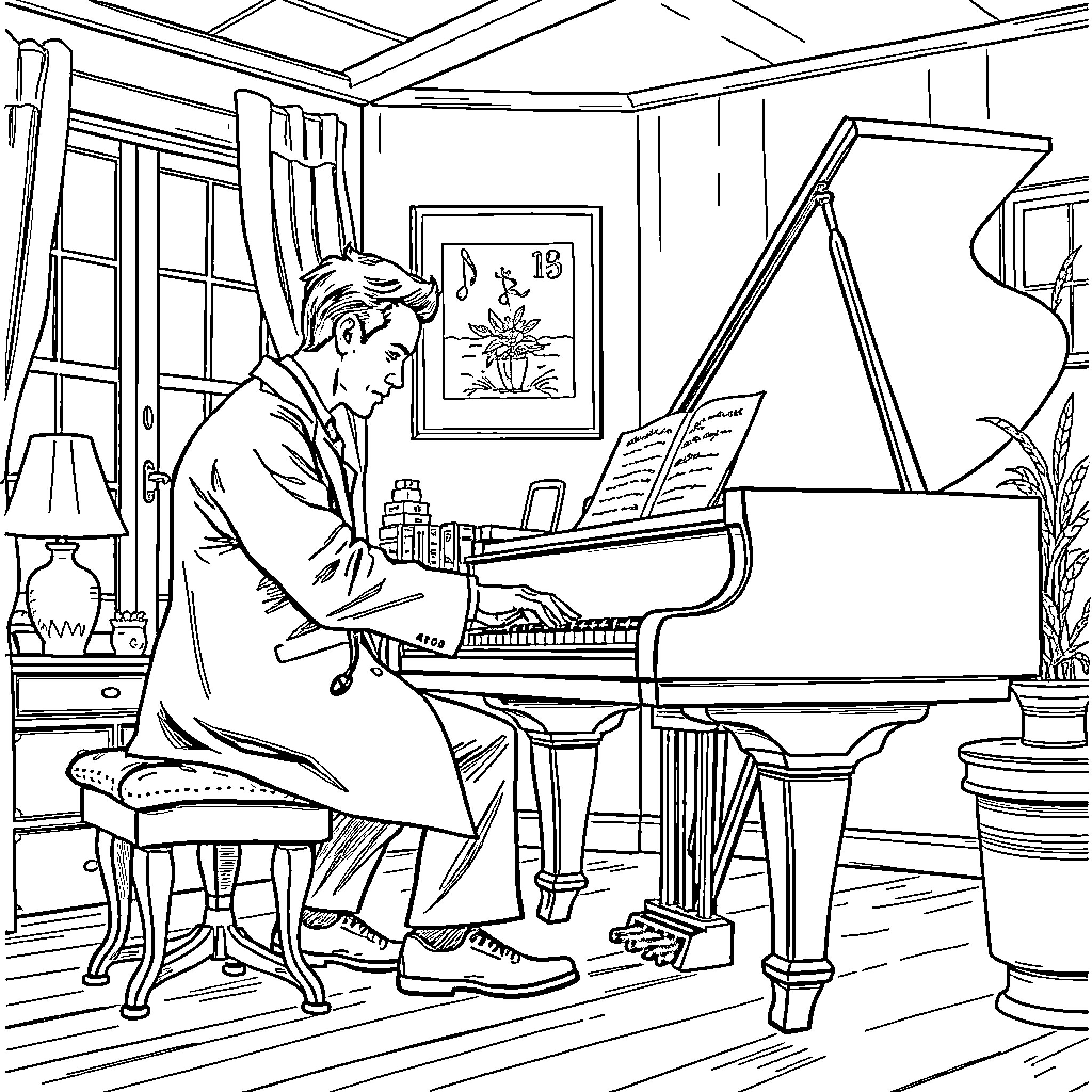 Doctor Plays Piano in His Study Coloring Page (free black-and-white line drawing printable PDF for all, from beginners to advanced learners, including children, teens, adults, and seniors)