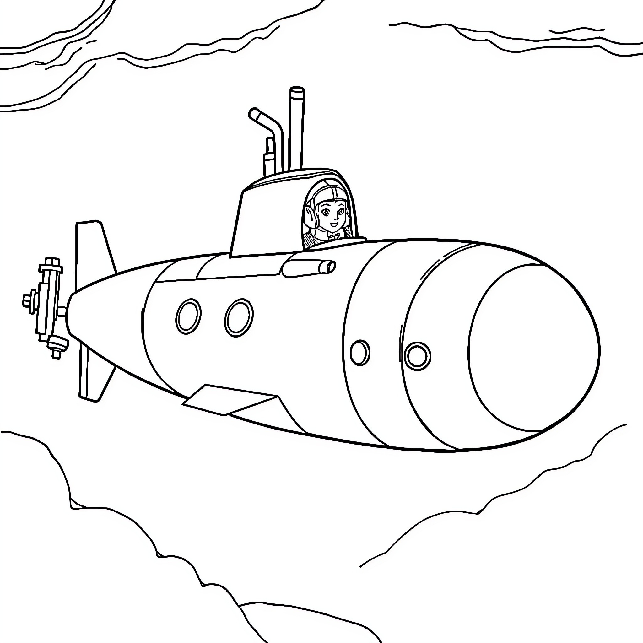 Submarine Piloted by Cartoon Character Coloring Page (free black-and-white line drawing printable PDF for all, from beginners to advanced learners, including children, teens, adults, and seniors)