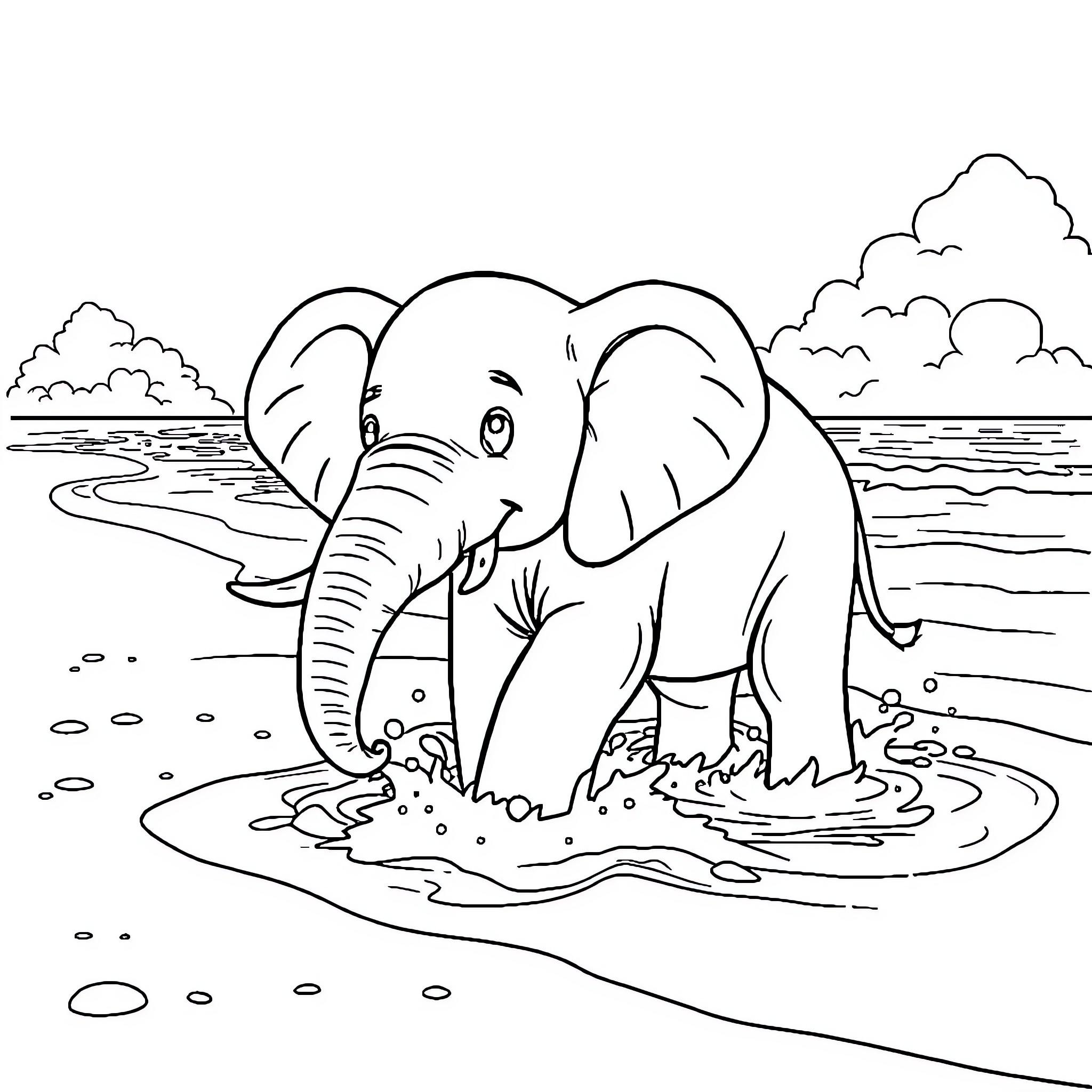 Elephant splashing and playing in water Coloring Page (free black-and-white line drawing printable PDF for all, from beginners to advanced learners, including children, teens, adults, and seniors)