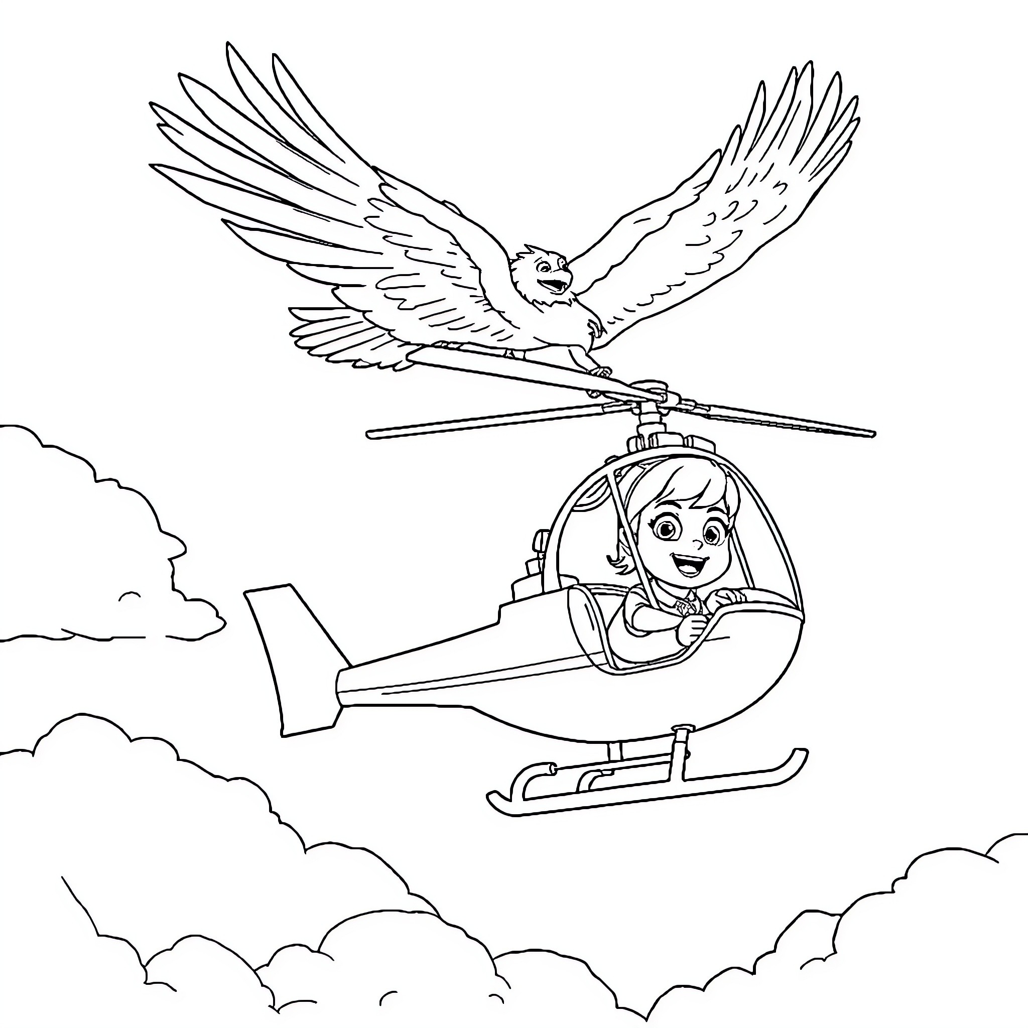 Stella's Aerial Adventure in the Helicopter Coloring Page (free black-and-white line drawing printable PDF for all, from beginners to advanced learners, including children, teens, adults, and seniors)