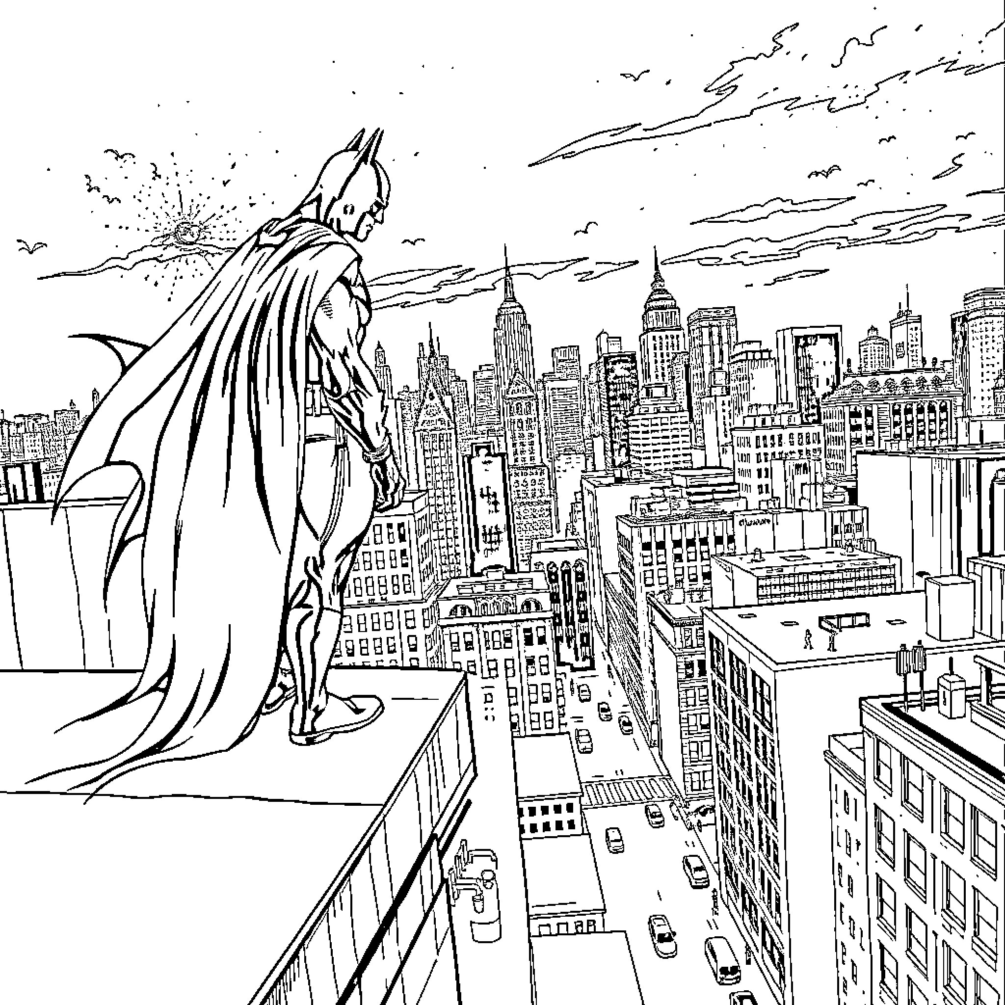 Batman overlooking the Gotham City skyline Coloring Page (free black-and-white line drawing printable PDF for all, from beginners to advanced learners, including children, teens, adults, and seniors)